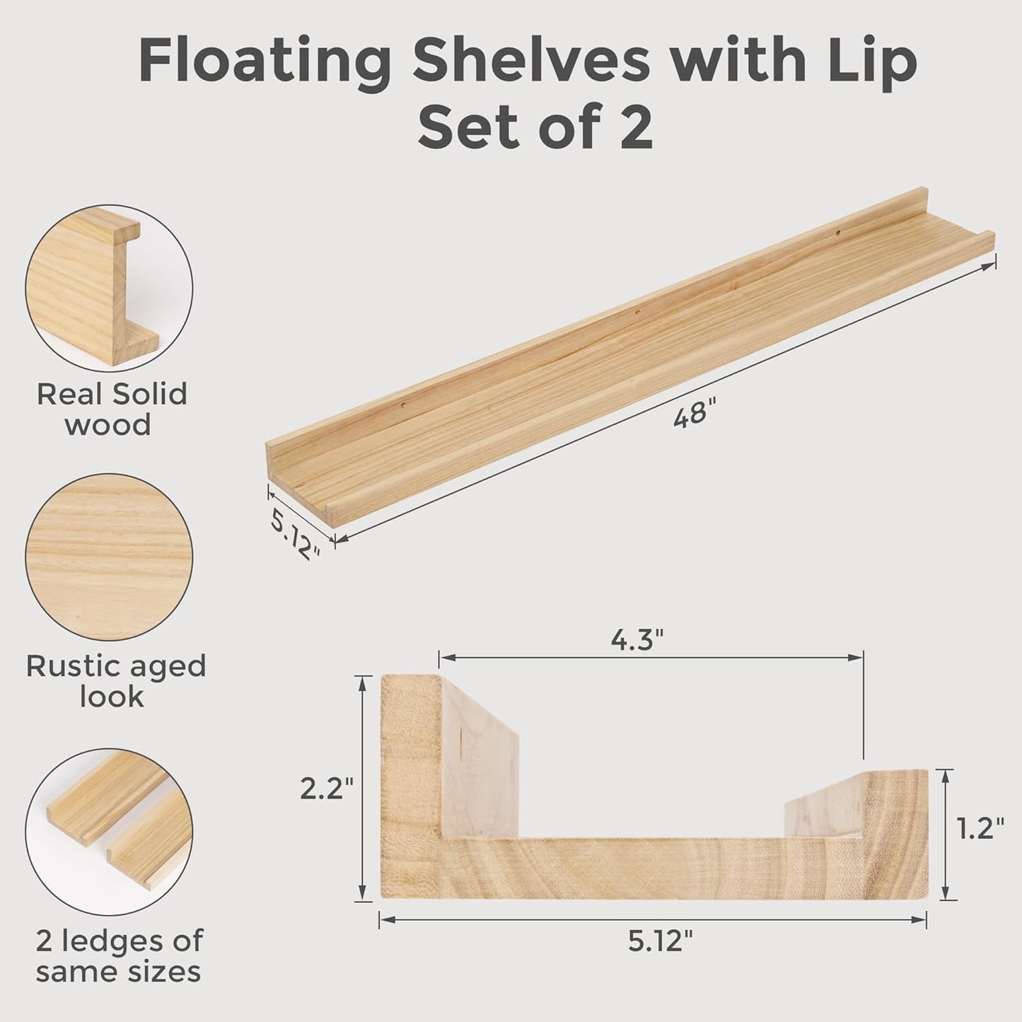 Picture Ledge Shelf, Floating Shelves Set of 2, 48 Inches Long Large Nursery Book Shelves for Toys Storage, Kids Bookshelf Wall Mounted for Living Room Bedroom Decor Books Photo Frames, Natural