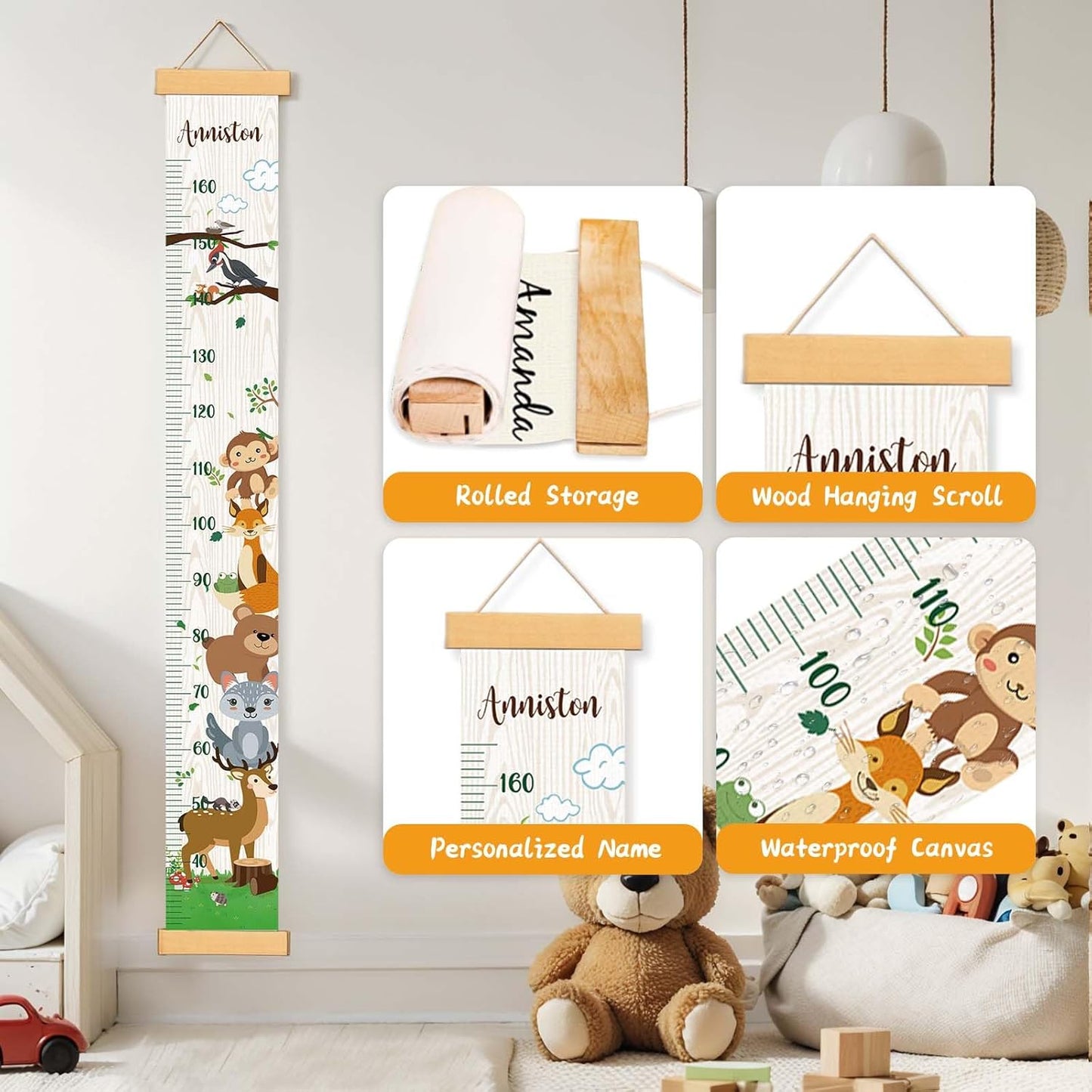 Personalized Name Kids Growth Chart Height Measuring Chart, Zoo Kids Growth & Measuring Chart in Inches, Fun & Stylish Height Tracker for Children, Growth Ruler, Hangable&Waterproof