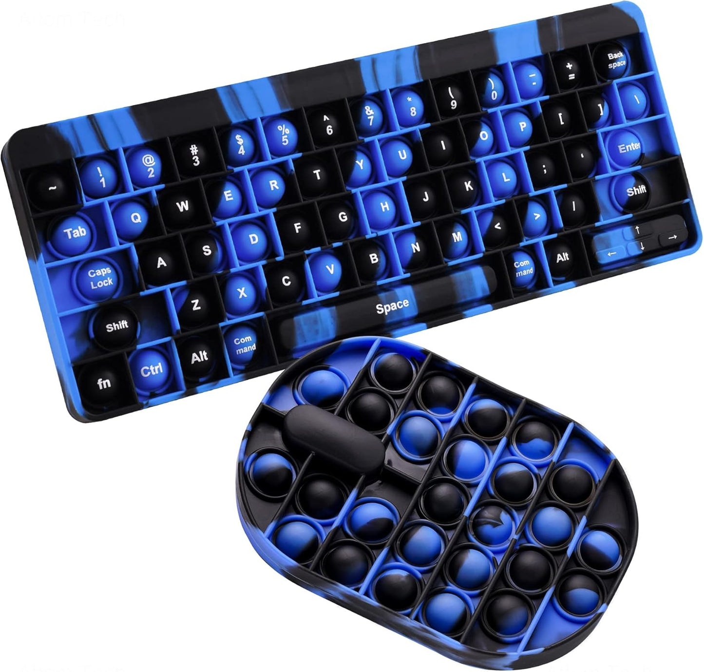 2PCS Mouse & Keyboard Push Pop Bubble Fidget Sensory Toys, Large Bubble Silicone Computer Accessory with Alphabet Number Squeeze Toy Stress Anxiety Relief Early Learning (Tie-Dye Blue/Black)