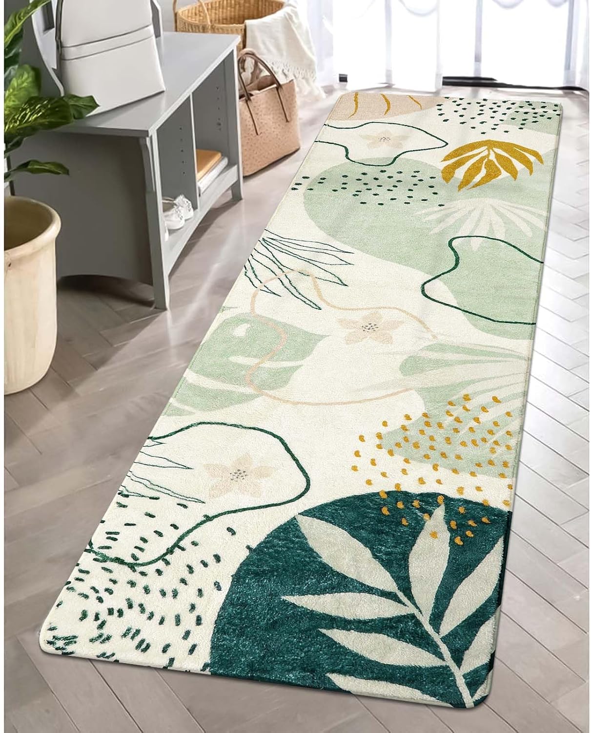 Lahome Green Hallway Runner - 2x7 Washable Non-Slip Runner Rug Throw Lightweight Soft Bathroom Runner Rug, Boho Botanical Print Indoor Carpet Runner for Bedroom Kitchen Entrance Laundry Living Room