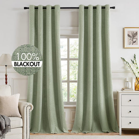 MIULEE Linen Texture Curtains for Bedroom Solid 100% Blackout Thermal Insulated Sage Green Curtains Grommet Room Darkening Drapes for Living Room Nursery 52x120 Inch (2 Panels)