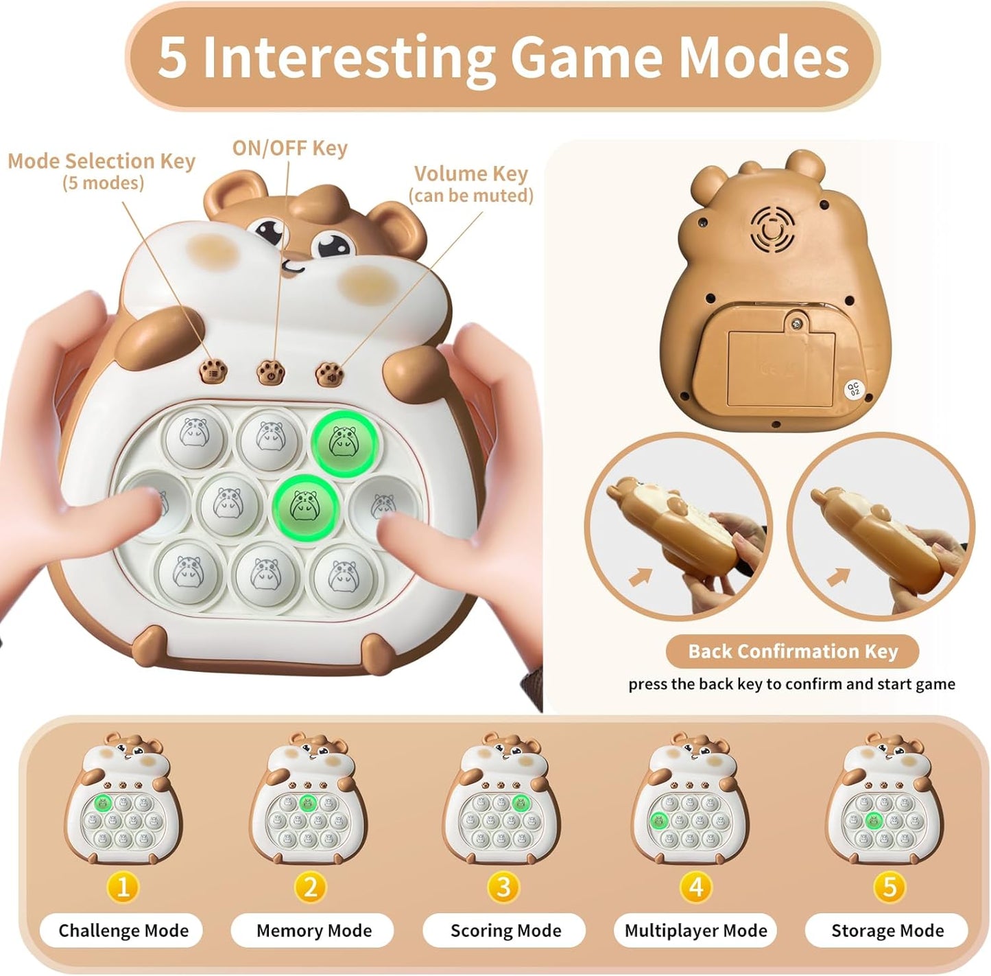 Pop Quick Push Game Light Up Fidget Toys Handheld Puzzle Press Popping Game Console for Kids Ages 3+ Adult Brown Hamster