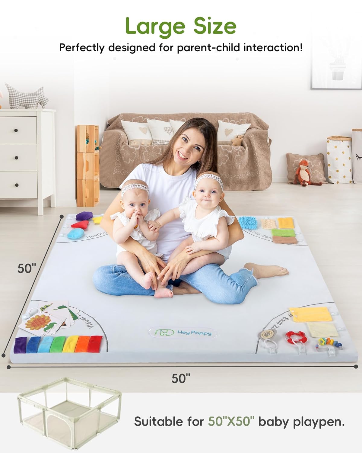 Baby Play Mat, 50''x50'' Playpen Mats with 4 Sensory Development Zones for Motor Skills, Unique Crawling Mats with Non-Slip Cushioned That Fits Nicely into Any Playroom, Grey