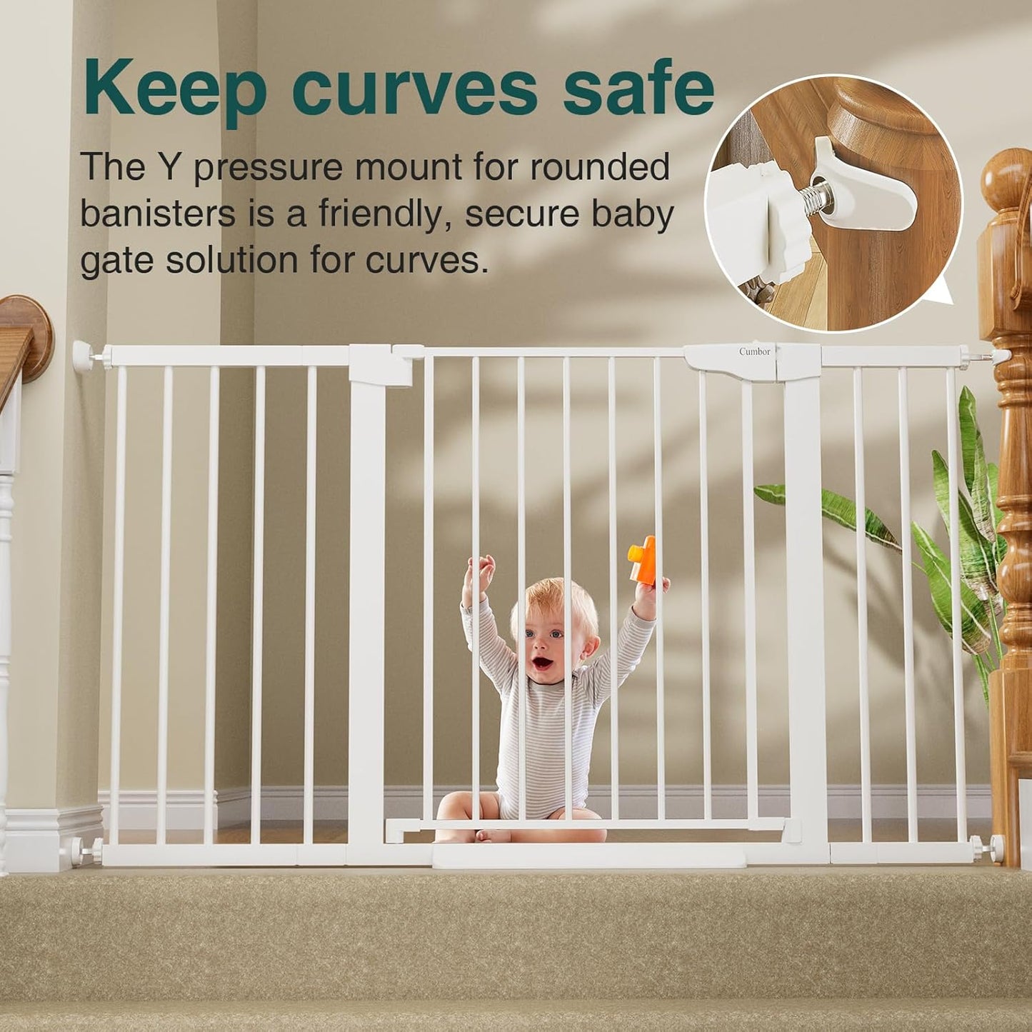 Cumbor 29.7-54.2" Wide Baby Gate for Stairs, Mom's Choice Awards Winner-Self Closing Dog Gate Indoor for Doorways, No Drilling Pressure Mounted Pet Gates for Kids, Easy Walk Through Safety Gate, White