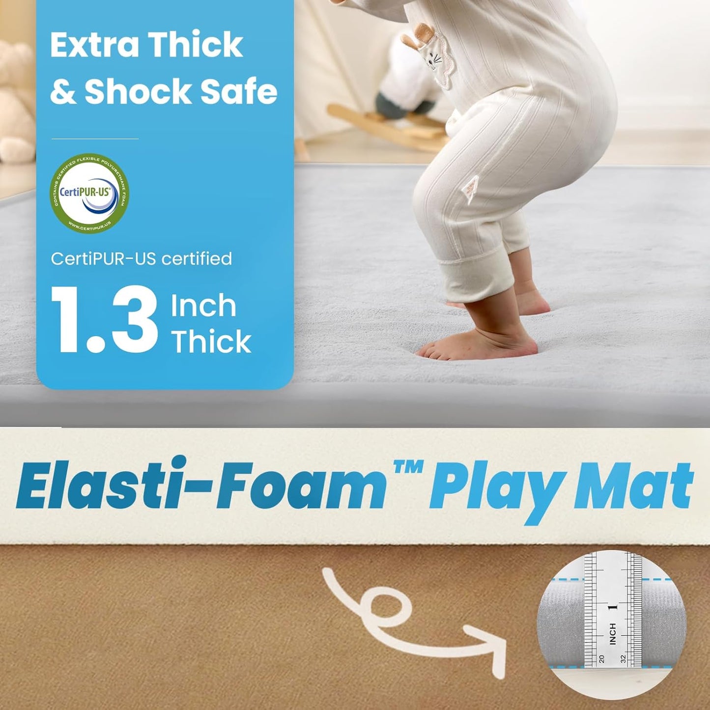 Baby Play Mat for Kids Room,Extra Thick Elasti-Foam Anti-Fall Cushion Mat for Babies,Toddlers,Infants,Water-Repellent&Non-Slip Bedroom Bedside Rugs(Light Grey)