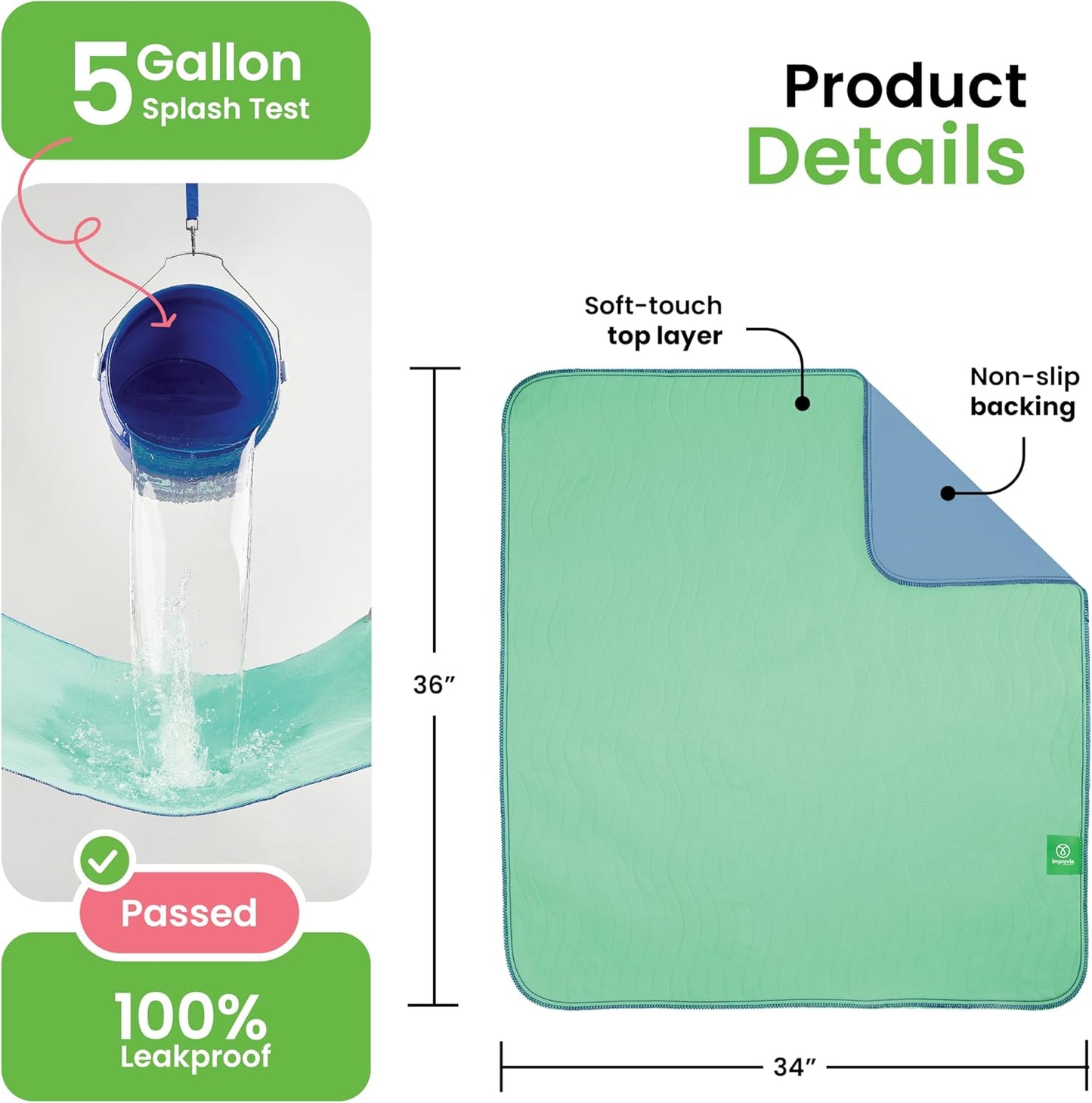 IMPROVIA® Washable Underpads, 34" x 36" (Pack of 2) - Heavy Absorbency Reusable Bedwetting Incontinence Pads for Kids, Adults, Elderly, and Pets - Waterproof Protective Pad for Bed, Couch, Sofa, Floor