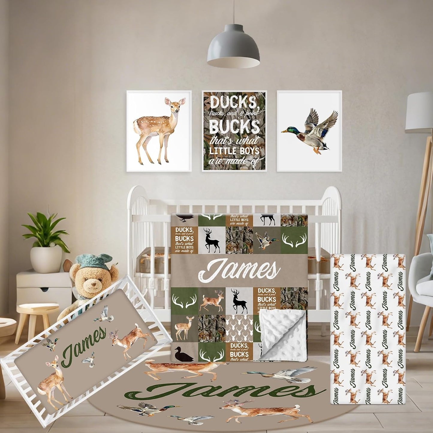 Custom Baby Crib Bedding Set, 5 Pcs Personalized Name Baby Crib Sets for Infant Toddler, Green Woodland Deer Nursery Bedding Set for Boys Girls, Double Layer Baby Bedding Sets Customized Gifts