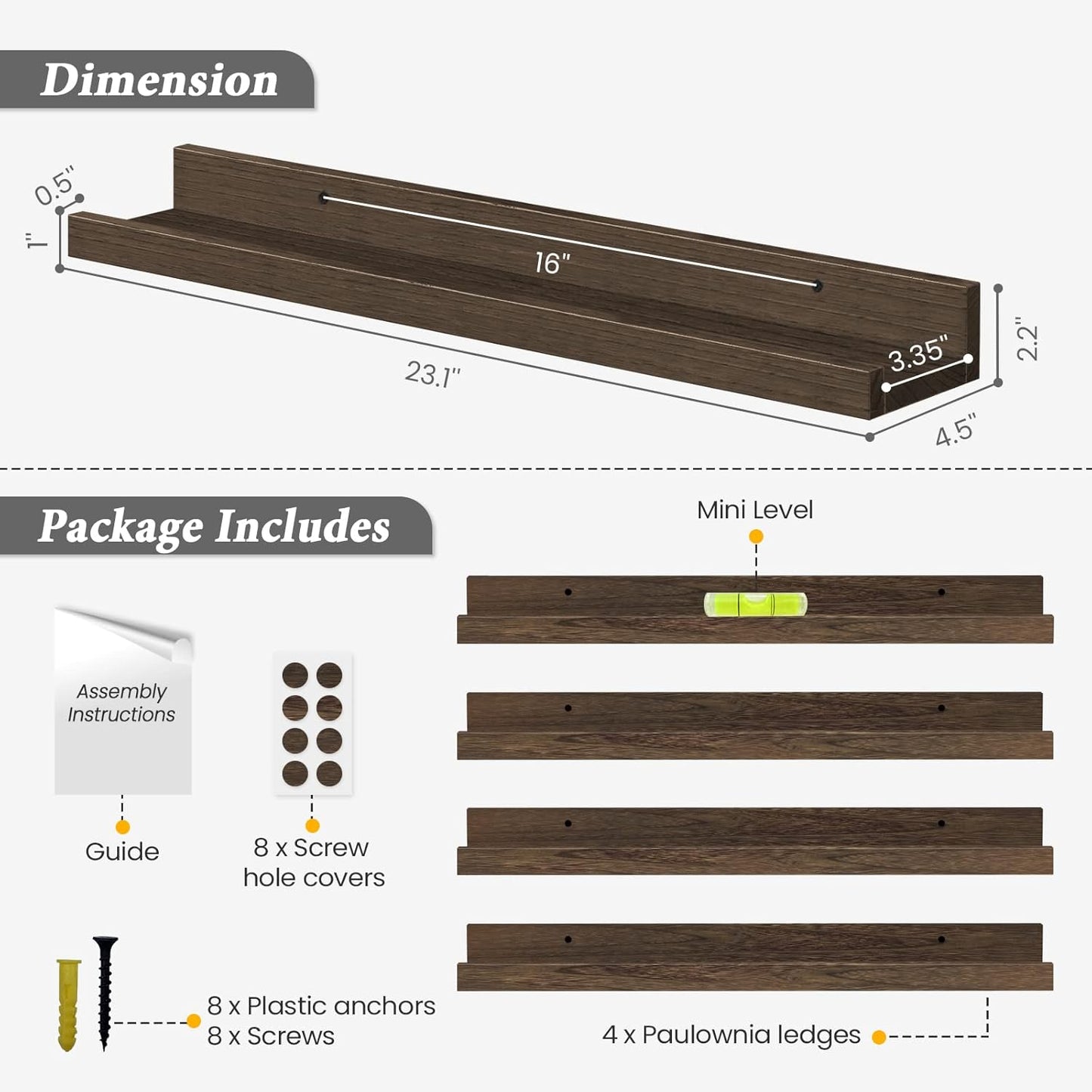 Forbena Rustic Picture Ledge Shelf Set of 4, Floating Picture Shelves for Wall with Lip, Wood Photo Ledge Shelves for Bedroom, Living Room, Office, Wall Decor (23.1 Inch Wide, Dark Brown)