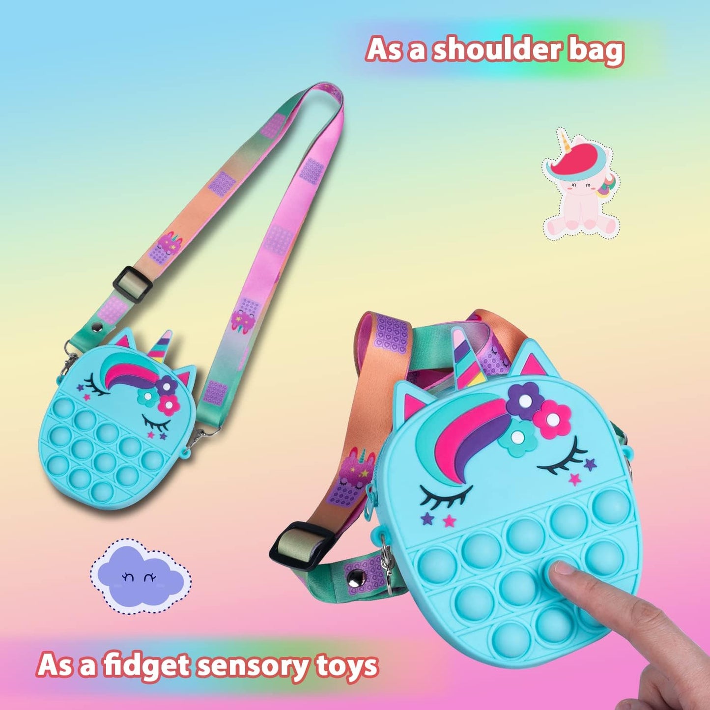 Pop Bag it, Fidget Bag, Pop Purse for Girl and Women Pop Bag with Unicorn Pop Toy, Anti Stress Silicone Poppet Bag Fidget Shoulder Bag, Best Gifts