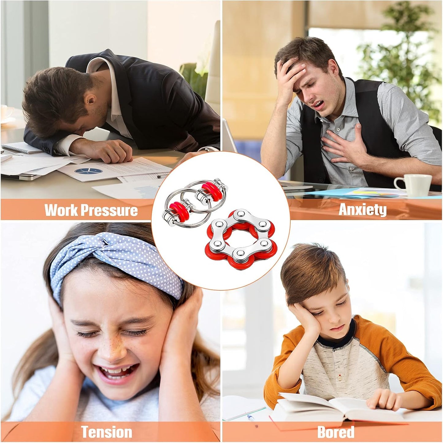 4 Pieces Fidget Toy Set Flippy Roller Chain, Six Roller Chain Fidget and Flippy Chain Stress Reducer Bike Chain Toys for ADHD, ADD, Autism, Anxiety Relief for Adults and Teens (Red, Blue)