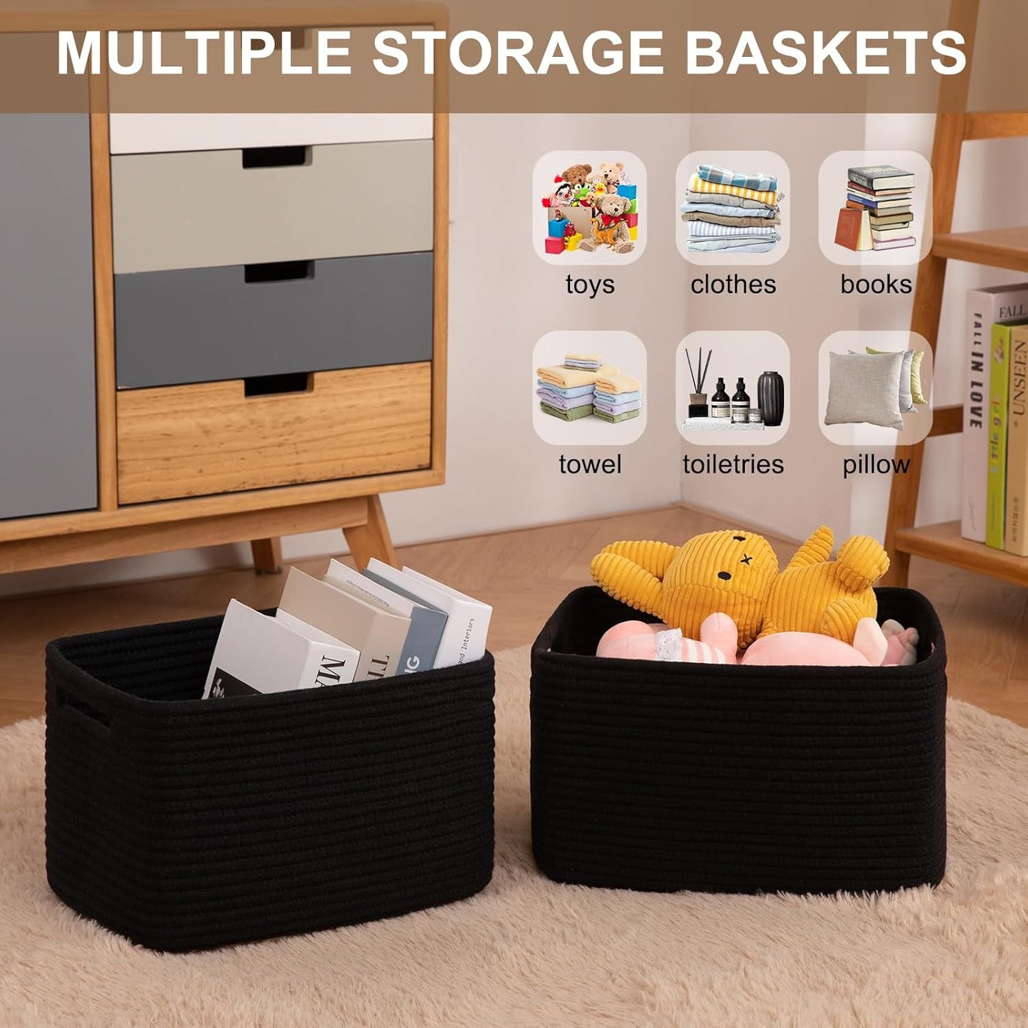 Storage Baskets for Organizing, Woven Decorative Baskets for Shelves - Books, Towels, and Clothes, Cotton Rope Toy Storage Bins, 12.7''Lx9''Wx7.8''H, Pack of 4, Black
