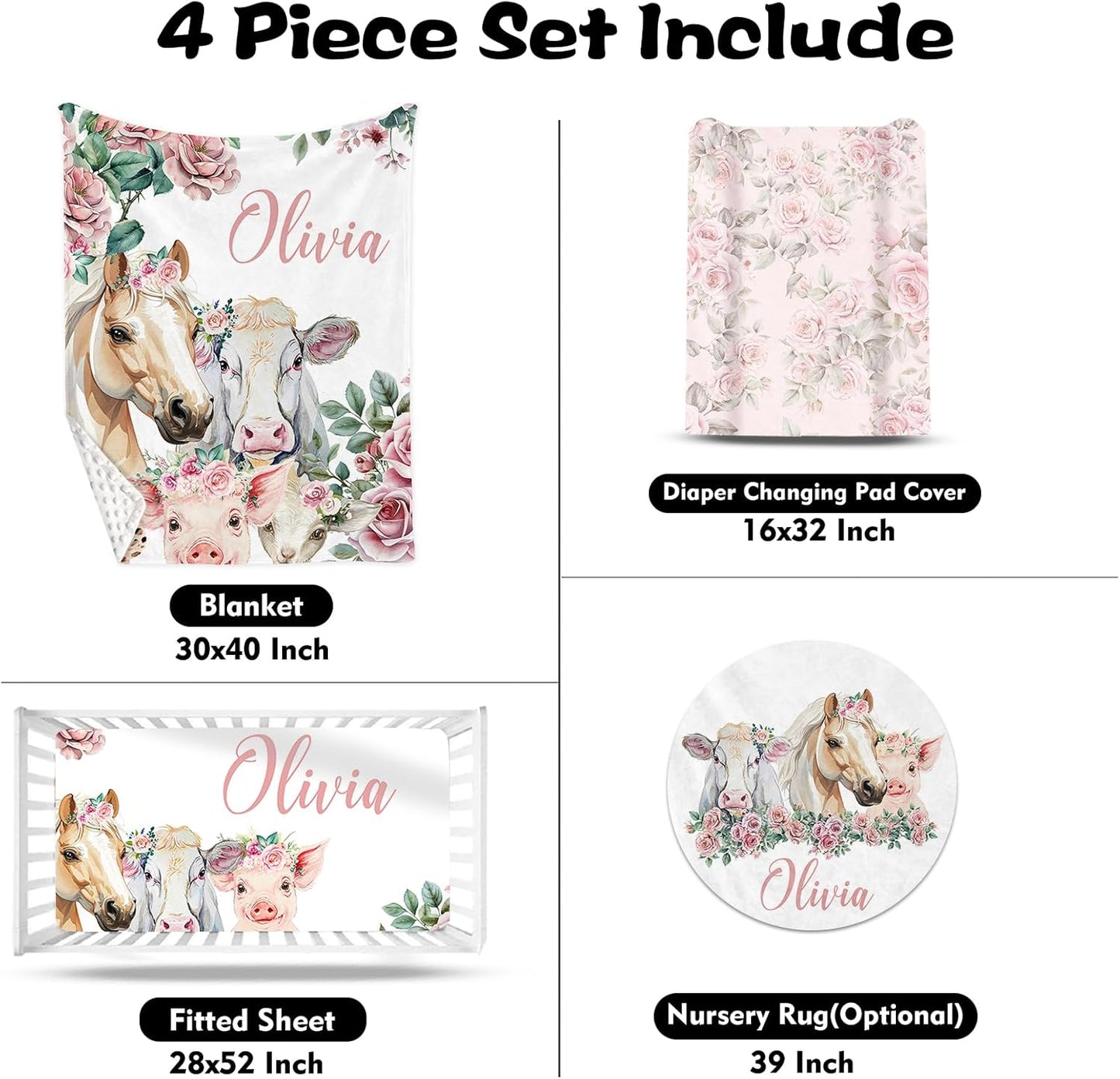 Custom Nursery Crib Bedding Set: Personalized Name 4 Piece Flower Horse Design Baby Crib Sets for Girls - Toddler Double Layer Blanket Set, Comfortable Crib Bed Sheets for Baby Toddlers
