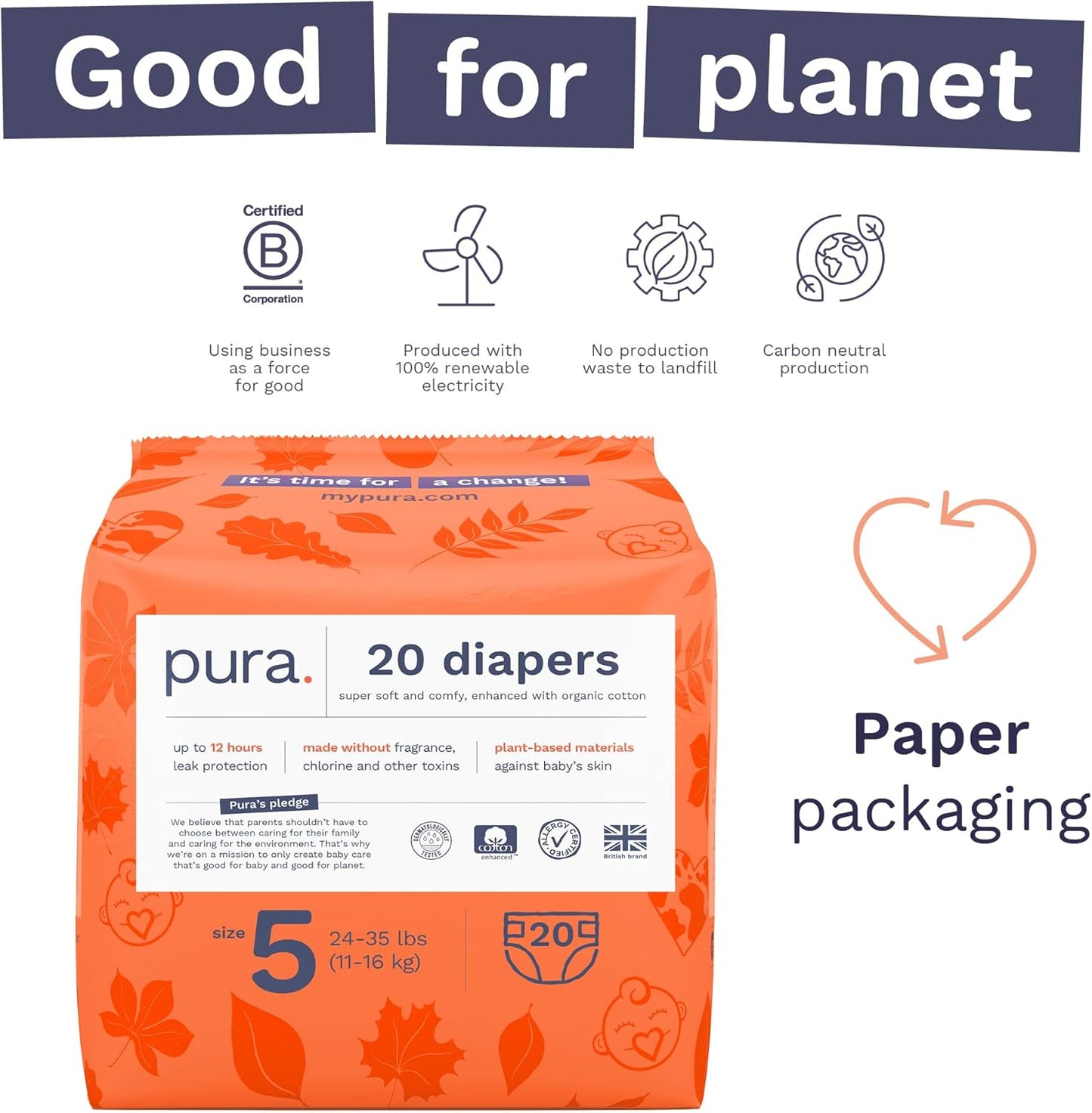 Pura Size 5 Eco-Friendly Diapers (24-35 lbs) Totally Chlorine Free (TCF), Hypoallergenic, Soft Organic Cotton, Sustainable, up to 12 Hours Leak Protection, Allergy UK, 6 Packs of 20 (120 Diapers)