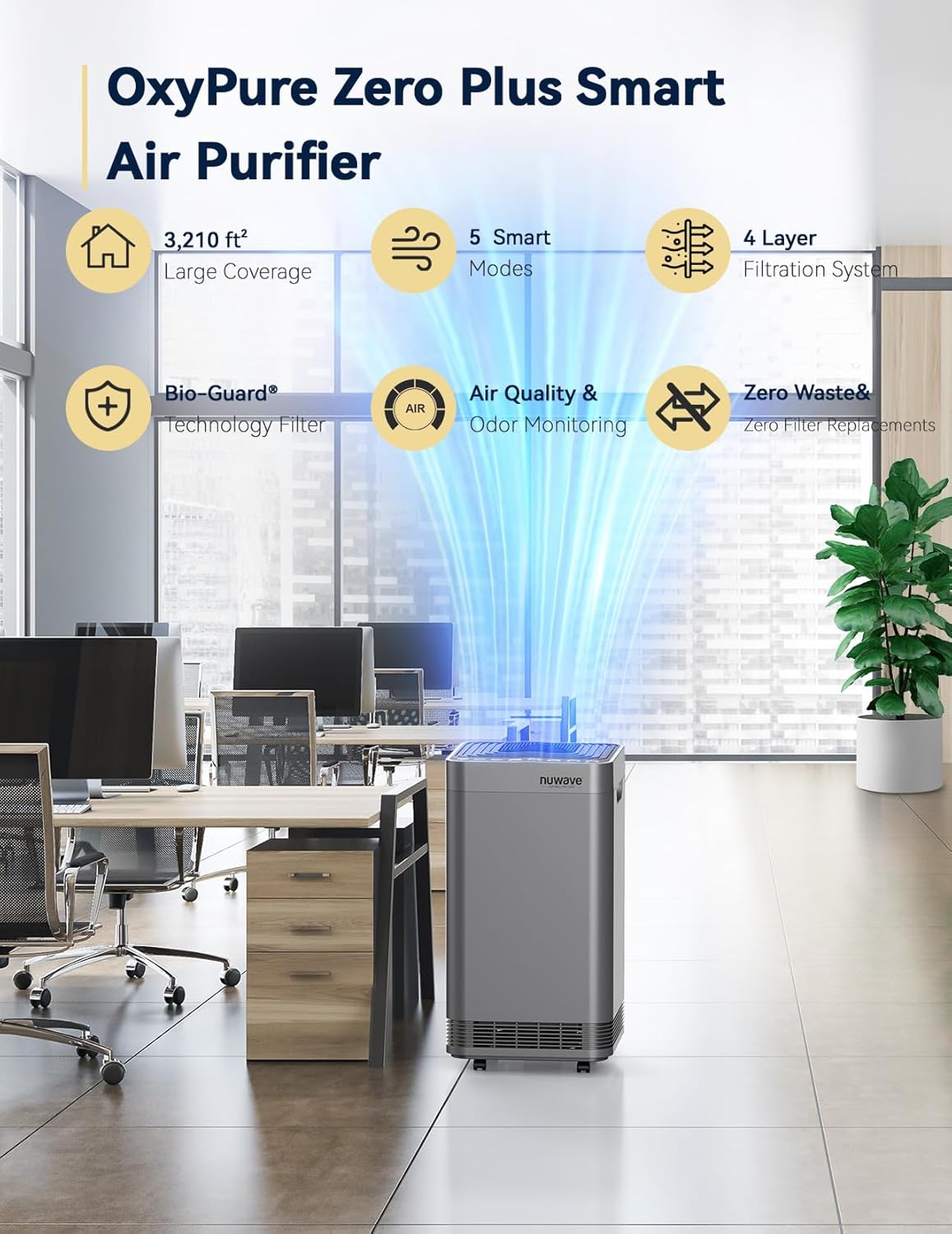 Nuwave OxyPure Zero Plus Air Purifier, Save on Filter Replacements, Covers up to 3210ft² Large Room with Powerful Motor, Captures 99.99% of Particles, Dust, Smells, Sleep Mode for Bedroom