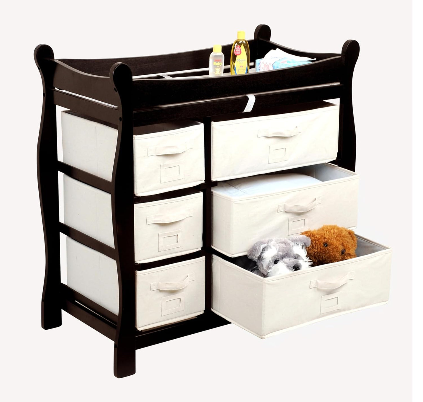 Badger Basket Sleigh Style Baby Changing Table - Diaper Station with 6 Removable Storage Baskets, Safety Rails, Pad, and Belt - Nursery Organizer - Espresso