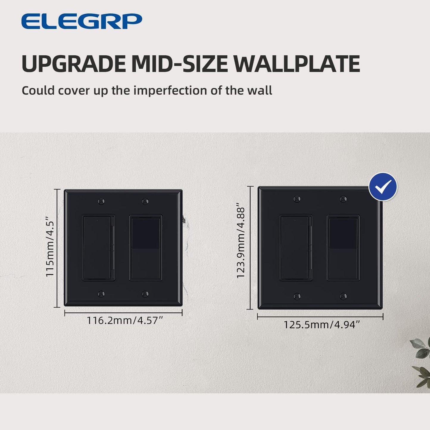 ELEGRP 2-Gang Decorative Wall Plates, Mid-Size 4.88" H x 4.94" L Unbreakable Thermoplastic Faceplate Cover for Decorator Receptacle Outlet Switch, UL Listed (1 Pack, Glossy Black)