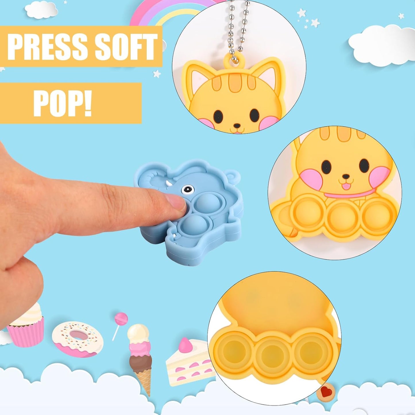 14pcs Animal Pop Fidget Toys Party Favors, Silicone Animal Fidget Sensory Toys Soft Keychain Bubble Popping Toy Packs for Treasure Box Toys Gift Bag Fillers Kids Prize Treasure Box