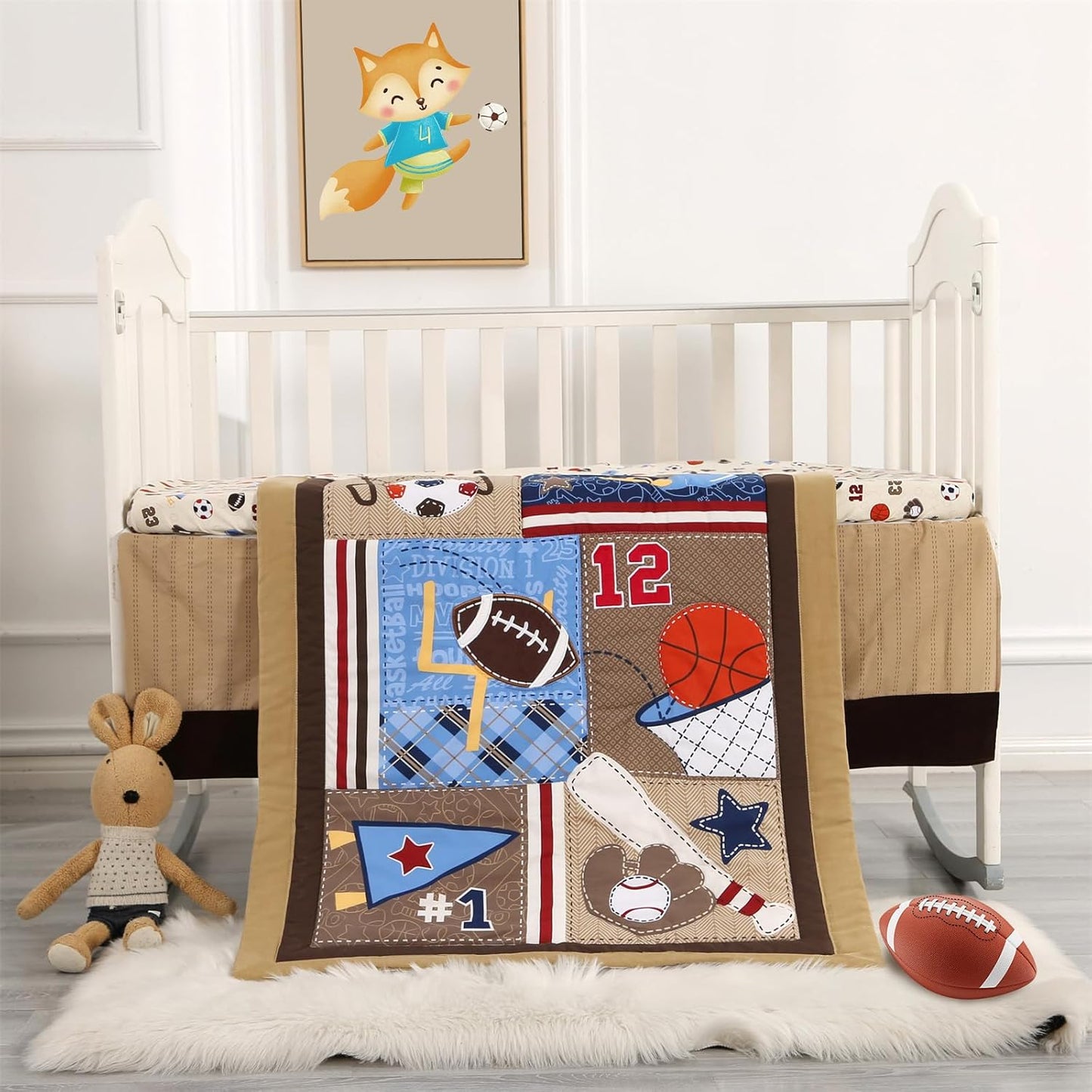 Wowelife Sports Mini Crib Bedding Set Boys Brown 3PCs Mini Crib Comforter Set Basketball Baseball Rugby Nursery Bedding Sets for Boys with Soft Comforter, Crib Skirt and 38x24 Sheet, Brown