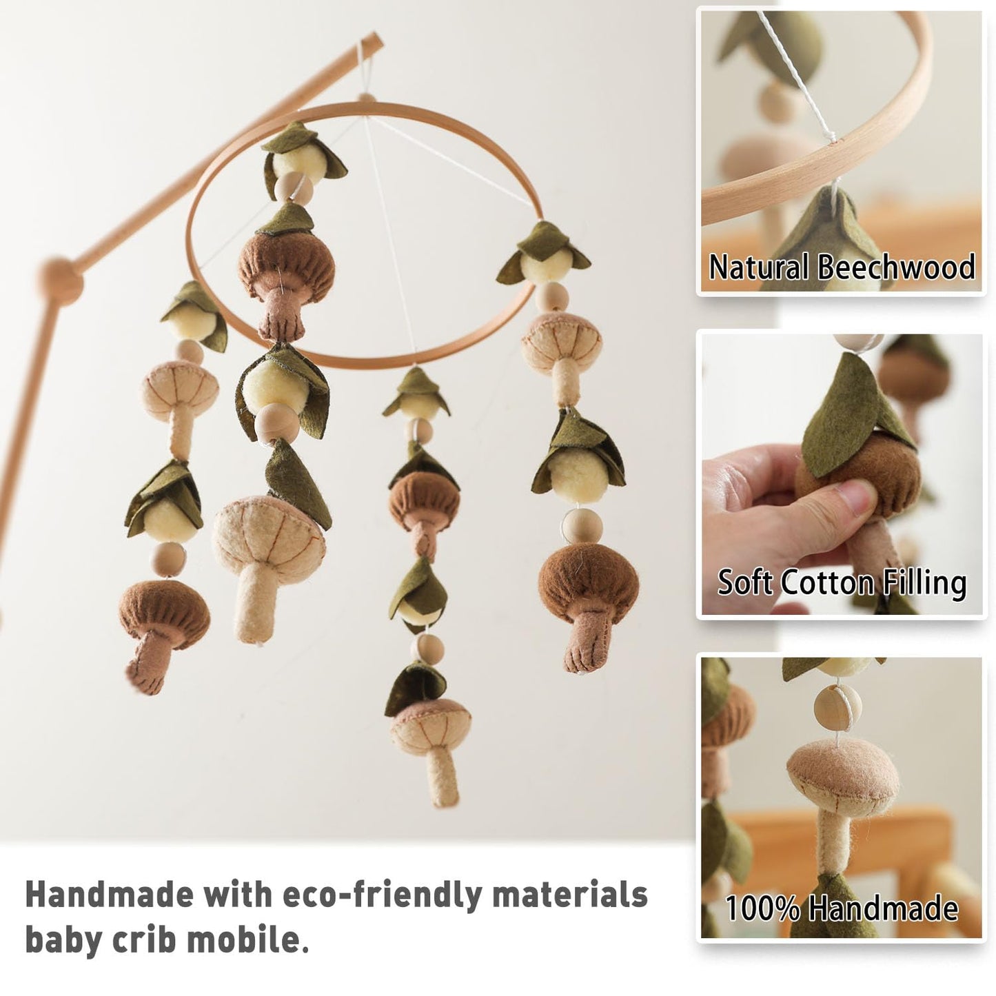 Baby Mobile for Crib,Crib Mobile for Boys Girls, Soft Crib Toys Hanging，Baby Mobile for Bassinet，Boho Nursery Decor Neutral（Mushroom，Leaves,Cotton）