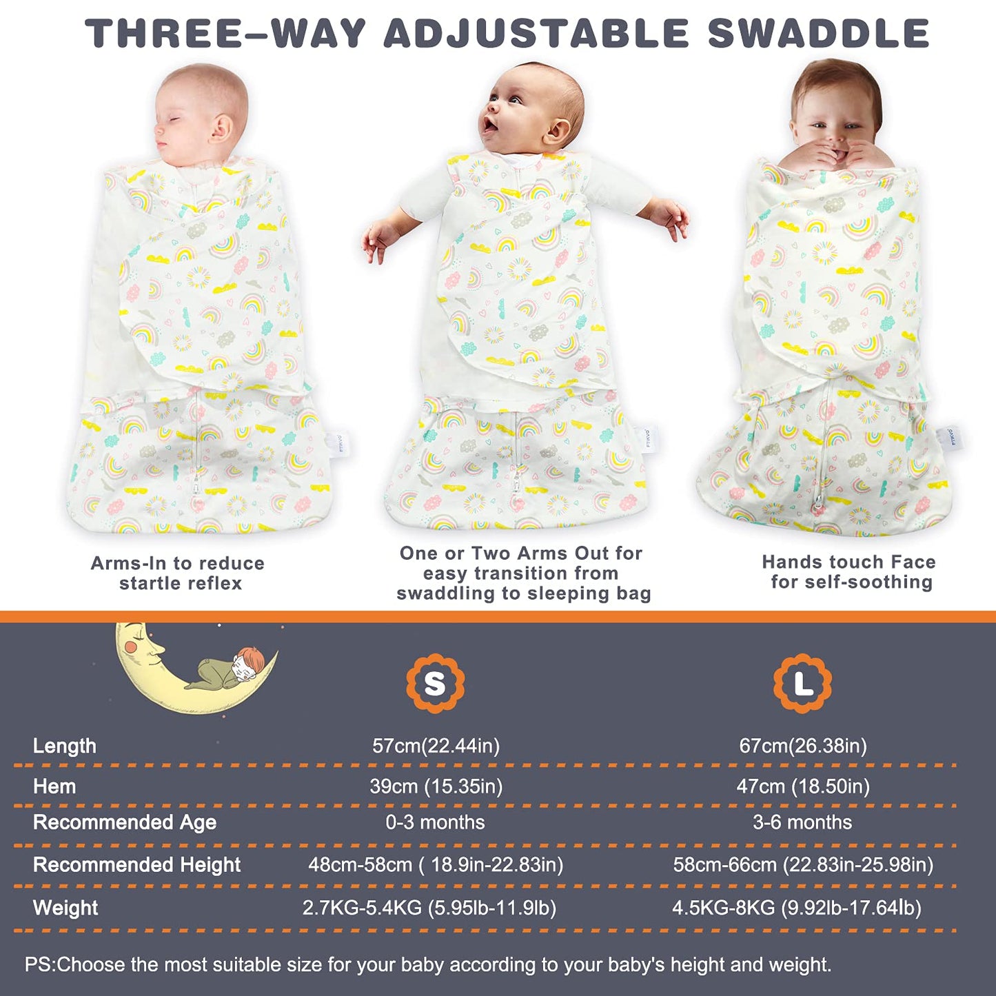 Swaddle-Blanket Baby Girl & Boy Swaddles Newborn Infant Transition 100% Cotton Wrap Blankets, 3-Way Adjustable Wearable Blanket, TOG 1.0 (Rainbow, 3-6 Month)