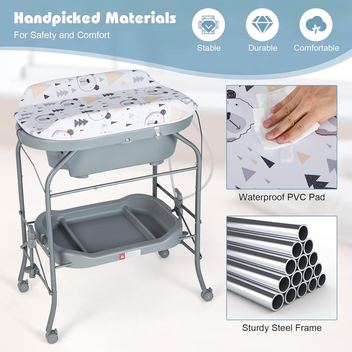 HONEY JOY Baby Changing Table with Bathtub, Foldable Infant Diaper Changing Station with Wheels, Storage Tray, Waterproof Pad, Portable Newborn Nursery Organizer Bath Stand for Boys Girls (Gray)