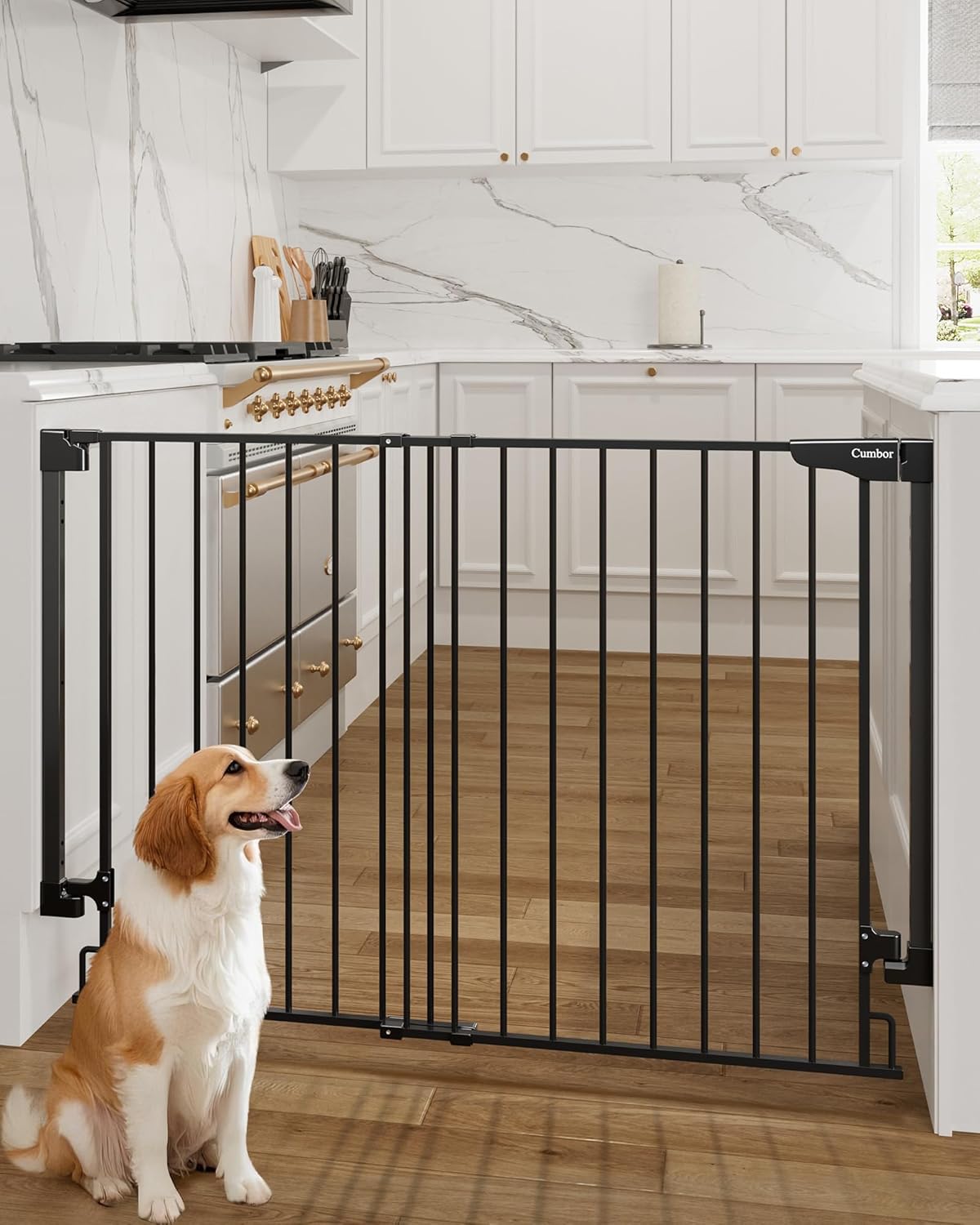 Cumbor 34" Extra Tall No Bottom Bar Baby Gate for Stairs, Auto Close Dog Gate Indoor for Larger Pets, 31.6-48" Hardware Mounted Safety Gate for Doorways, Wide Walk Thru Door for Easy Access (Black)