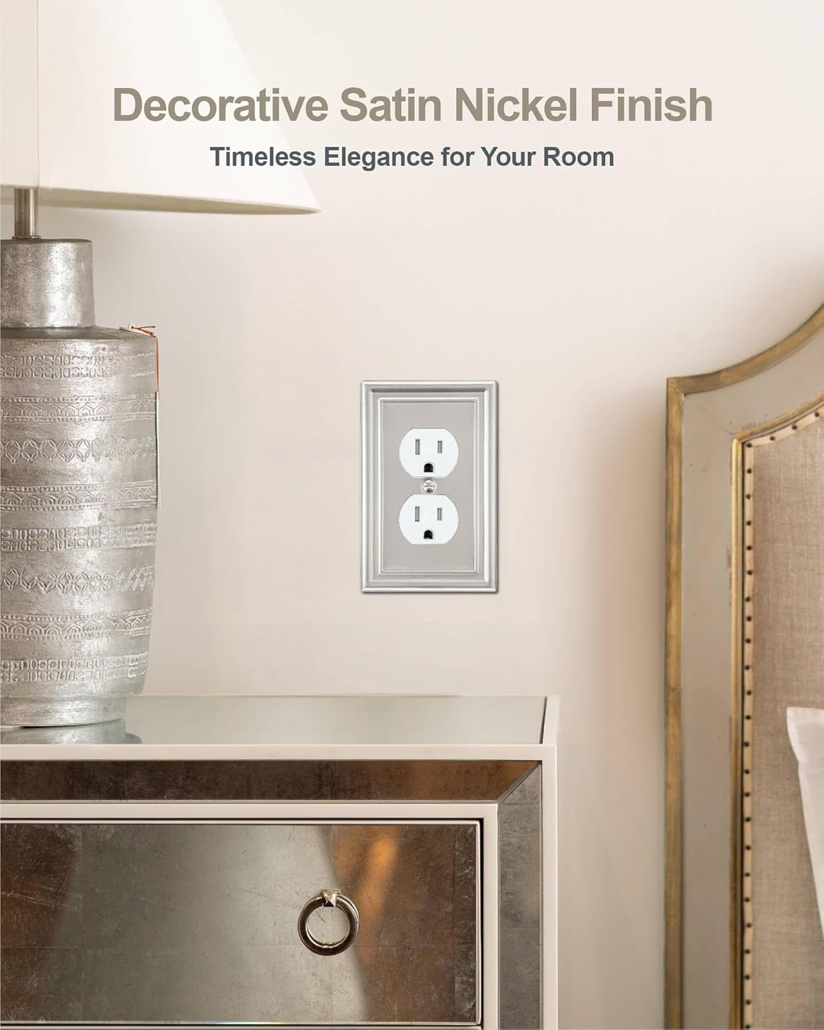 6-Pack Satin Nickel Outlet Cover, Single Duplex Wall Plate for Electrical Outlet, Light Switch, Durable Metal, 3.15''*4.88'', Midsize