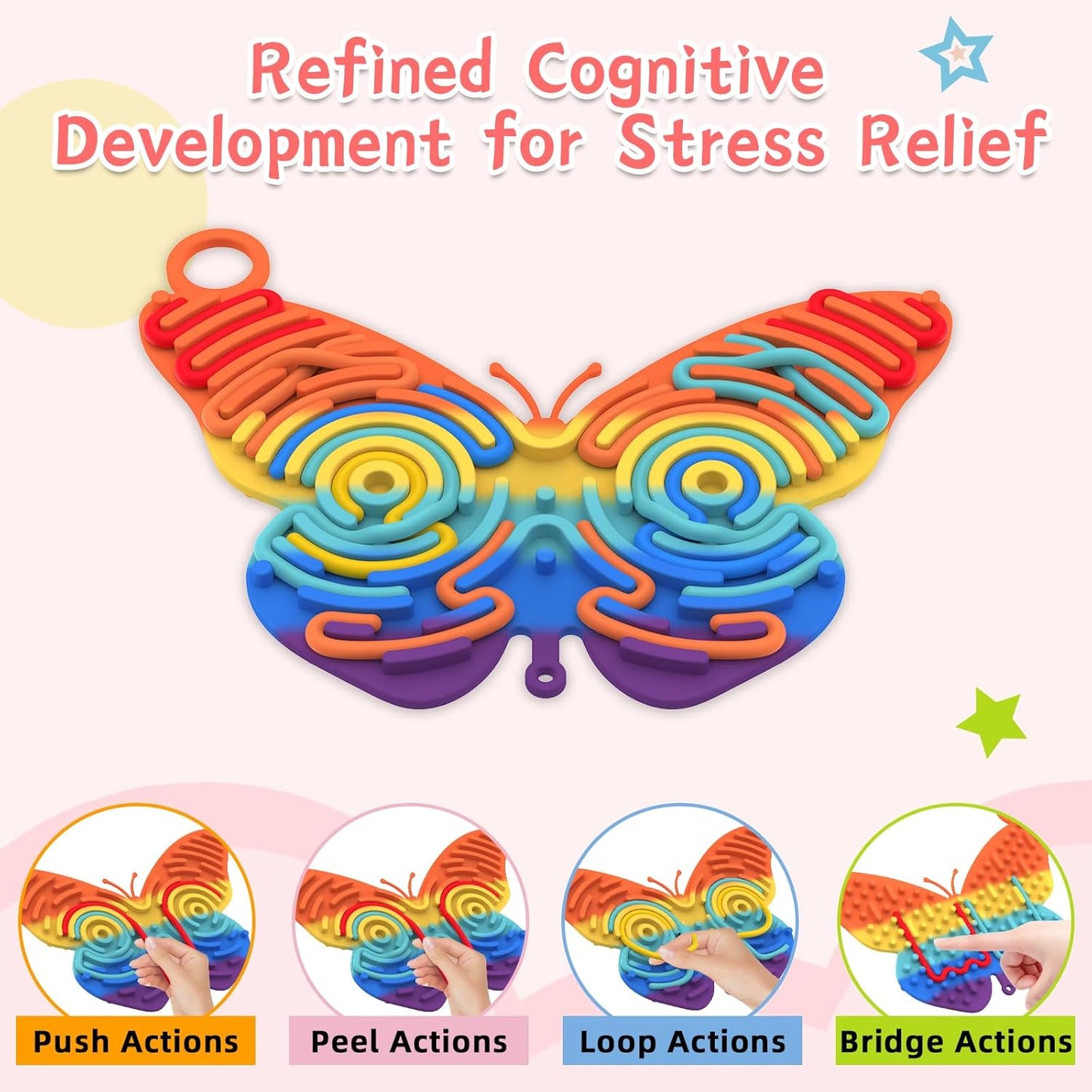 Silicone Sensory Activity Board,2 in 1 Busy Board for Fine Motor Skill, Montessori Fidget Toy for Calming, Stress, Anxiety, ADHD , Autism , Silent, No Mess , Kids 3+ & Adults(Colorful, Butterfly)