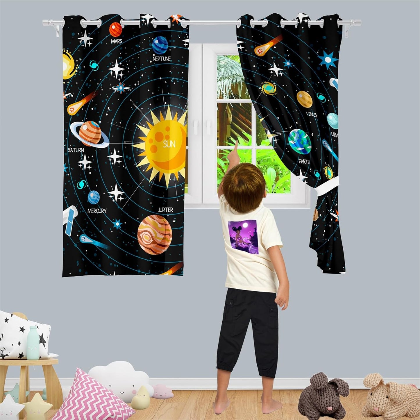 Solar System Curtain Panels - 2Pcs 82" x 63" 95% Blackout Outer Space Curtains for Boys Bedroom Grommet Room Darkening Galaxy Planets Themed Curtains for Living Room