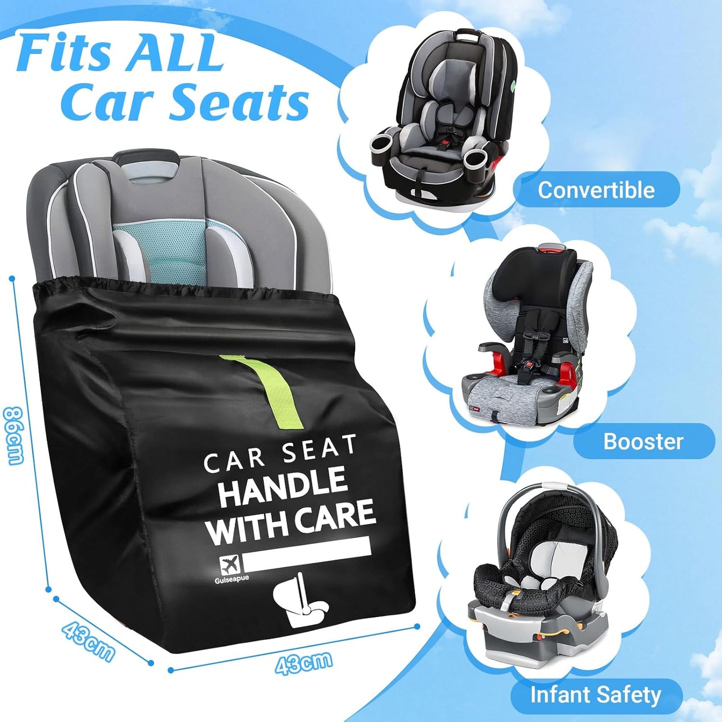 Guiseapue Car Seat Travel Bag for Airplane: Car Seat Bags for Air Travel Fit All Car Seats, Infant Carriers & Booster Seats, Carseat Cover Fit Doona Graco Evenflo, Baby Travel Essentials for Flying