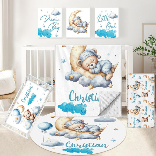 Personalized Crib Set, 5 Pcs Custom Baby Crib Set with Name, Blue Moon Bear Baby Bedding Set for Boys Girls, Double Layer Nursery Bedding Set, Toddlers Infants New Parents Gift