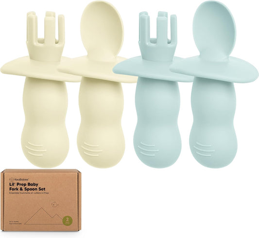 KeaBabies 4-Pack Silicone Baby Spoons and Forks Set - Baby Led Weaning Utensils 6-12 Months, Self Feeding Toddler Spoon & Fork for Training, Teething, Easy to Hold, BPA-Free Silicone (Pastel Sky)