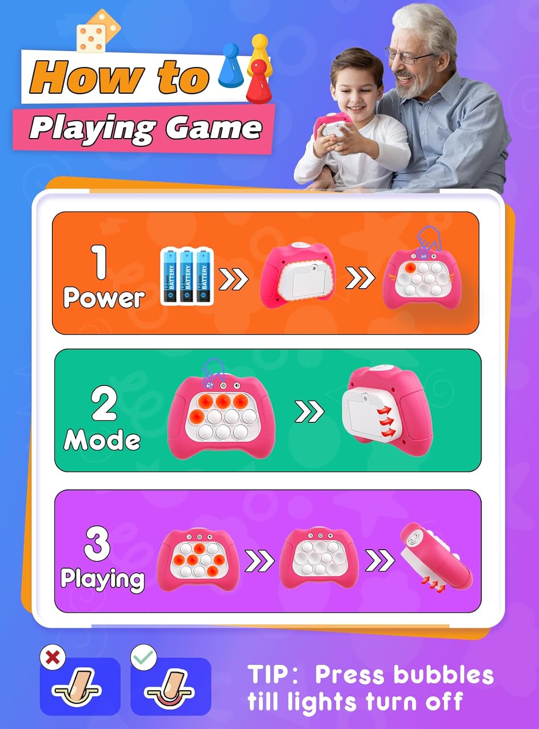 Fast Push Bubble Up Fidget Toy, Electronic Light Up Game Console, Cool Birthday Gifts for 6 7 8 9 10-12 Year Boys and Girls Stress Toy, Concentration Speed Puzzle Game for Family Party-Pink