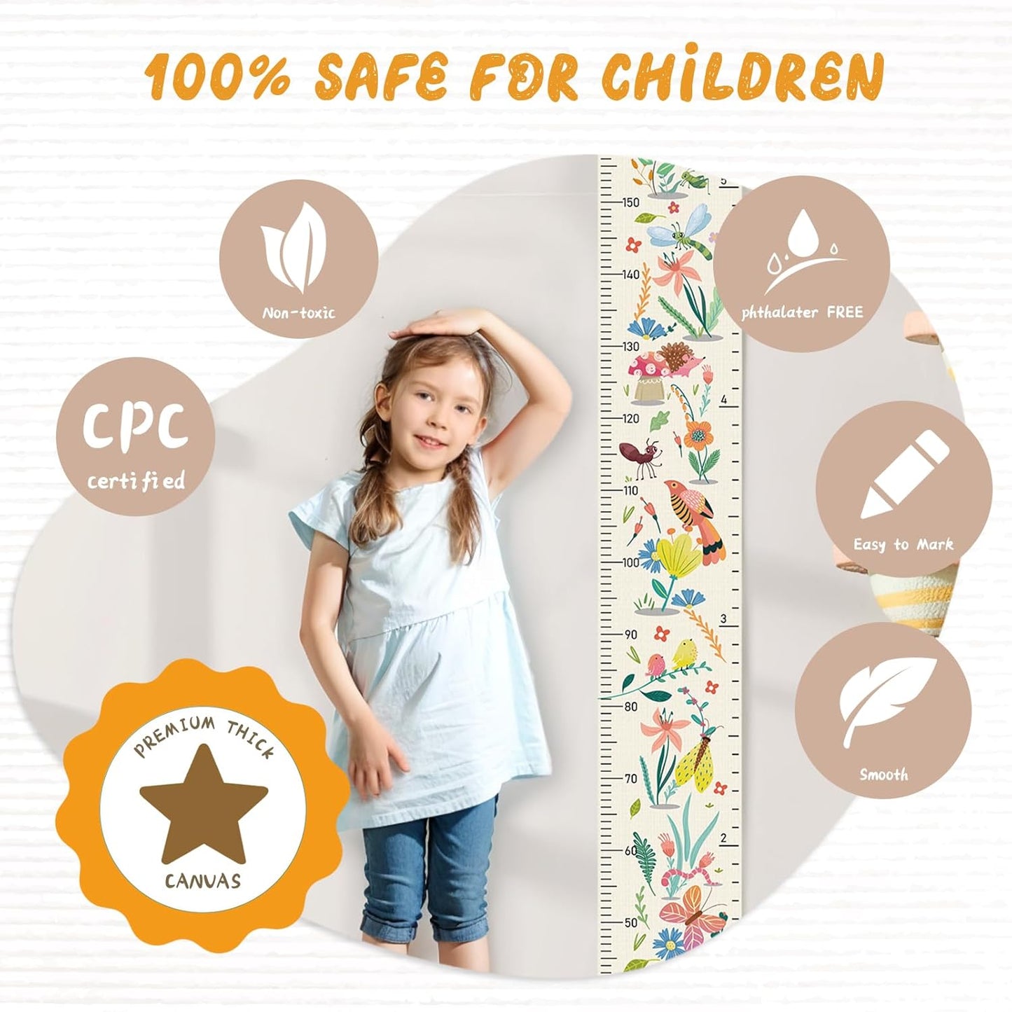 Personalized Name Growth Chart for Wall, Flower Birds Canvas Height Chart for Kids Baby Child Toddler Boys Girls, Canvas&Wood Growth Chart for Wall Room Nursery Decor,Easy Care