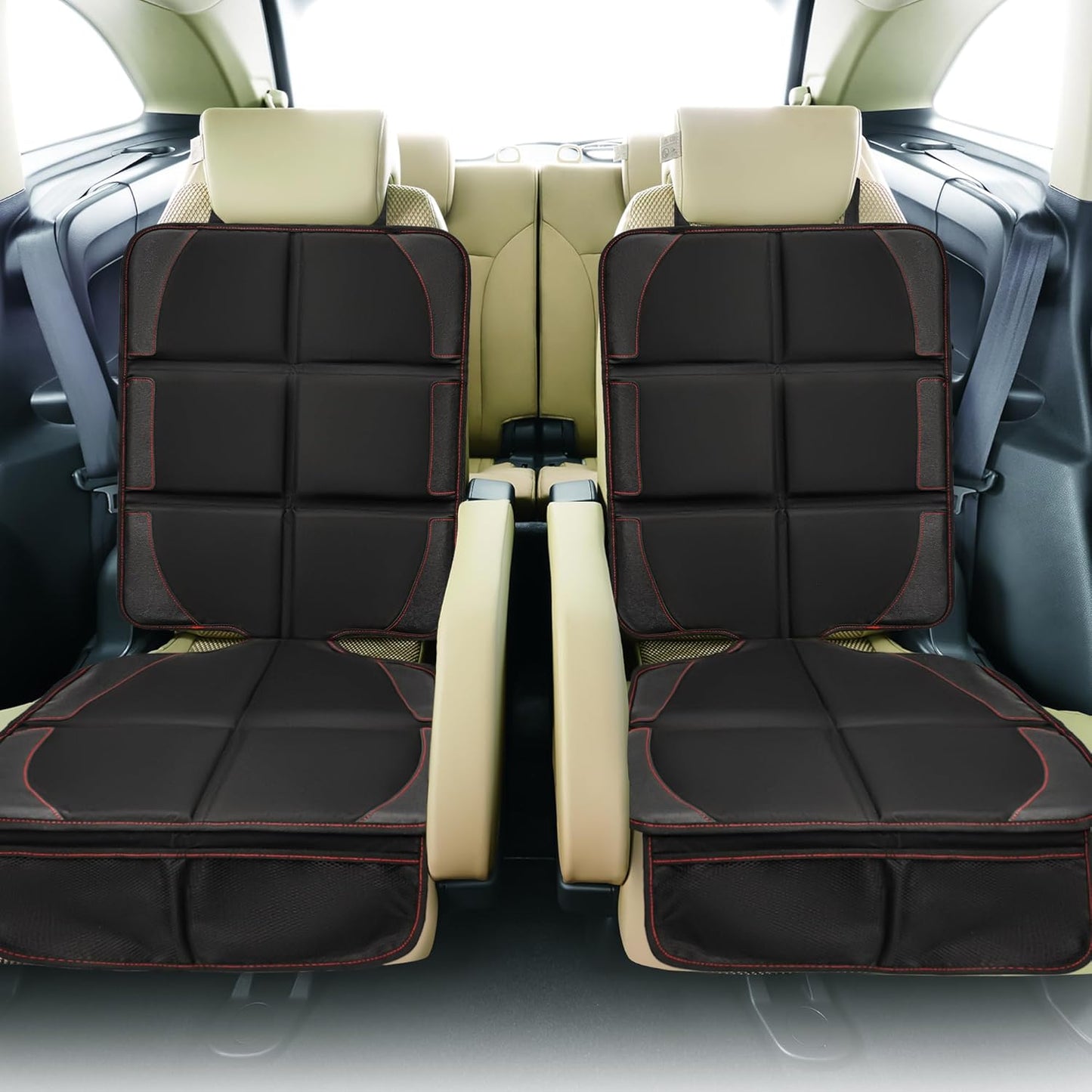 Car Seat Protector 2 Pack Baby Car Seat Covers with Mesh Pockets & Non-Slip Backing 600D Durable Seat Protector Under Baby Car Seat (Black & Red, Large)