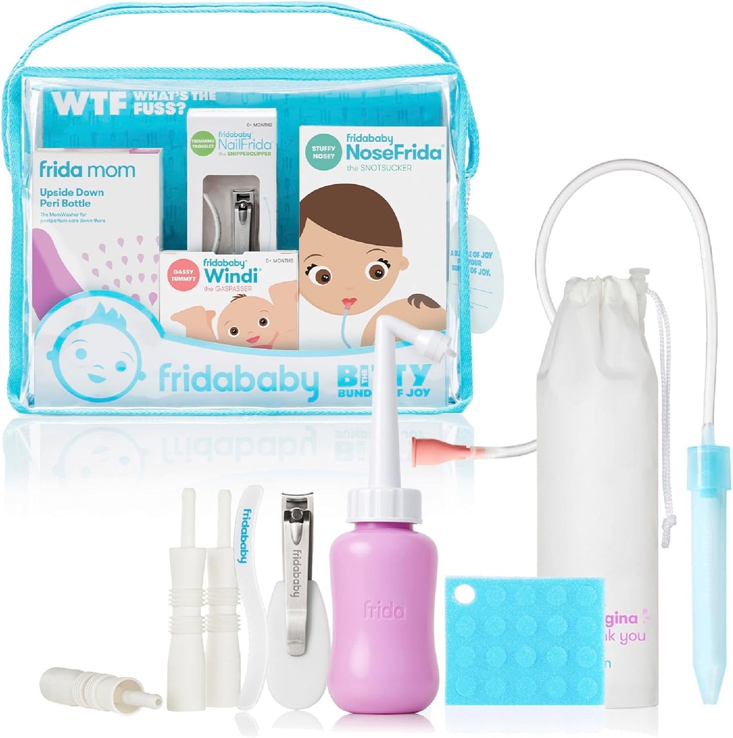 Frida Baby Bitty Bundle of Joy Mom & Baby Essentials Healthcare and Grooming Gift Kit Includes Peri Bottle, NoseFrida Snotsucker, Windi Gaspasser & Nail Clipper + File Set