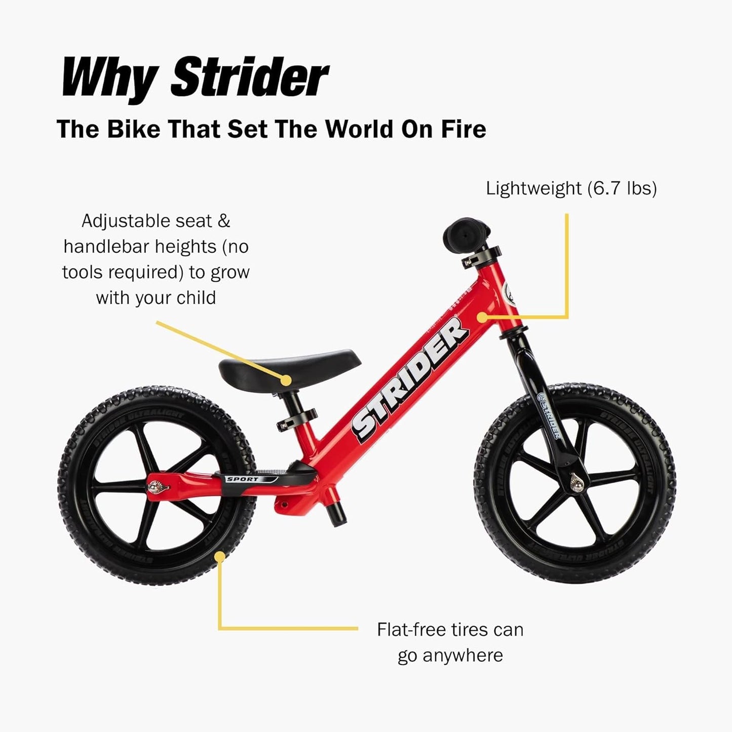 Strider 12” Sport Bike - No Pedal Balance Bicycle for Kids 1 to 4 Years - Includes Safety Pad, Padded Seat, Mini Grips & Flat-Free Tires - Tool-Free Assembly & Adjustments
