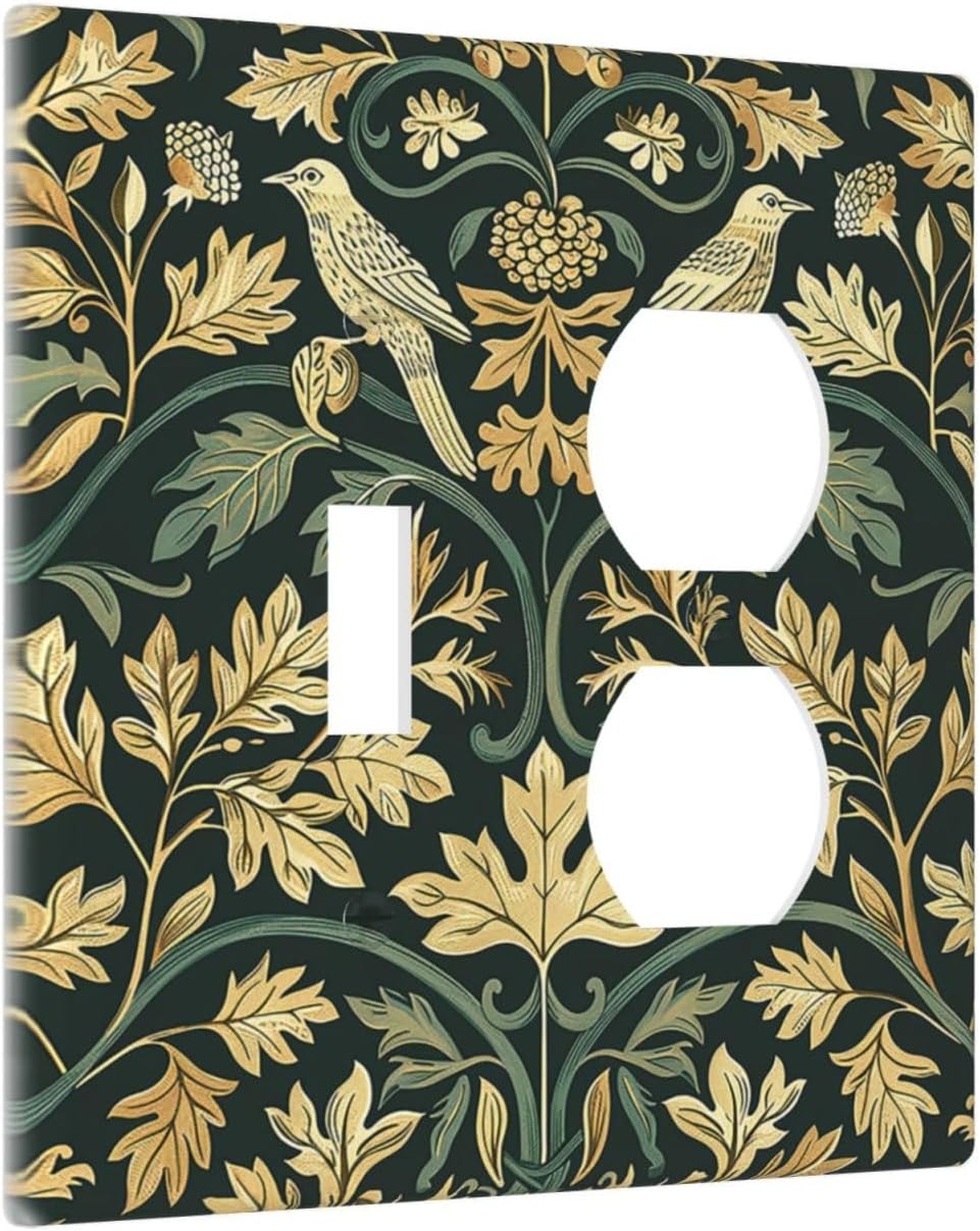 Wallplates William Morris Vintage Botanical Birds Golden Green Leaves 1 Toggle 1 Duplex Switch Plate Electrical GFCI Faceplate Decorative Light Switch Covers for Bedroom Home Decor