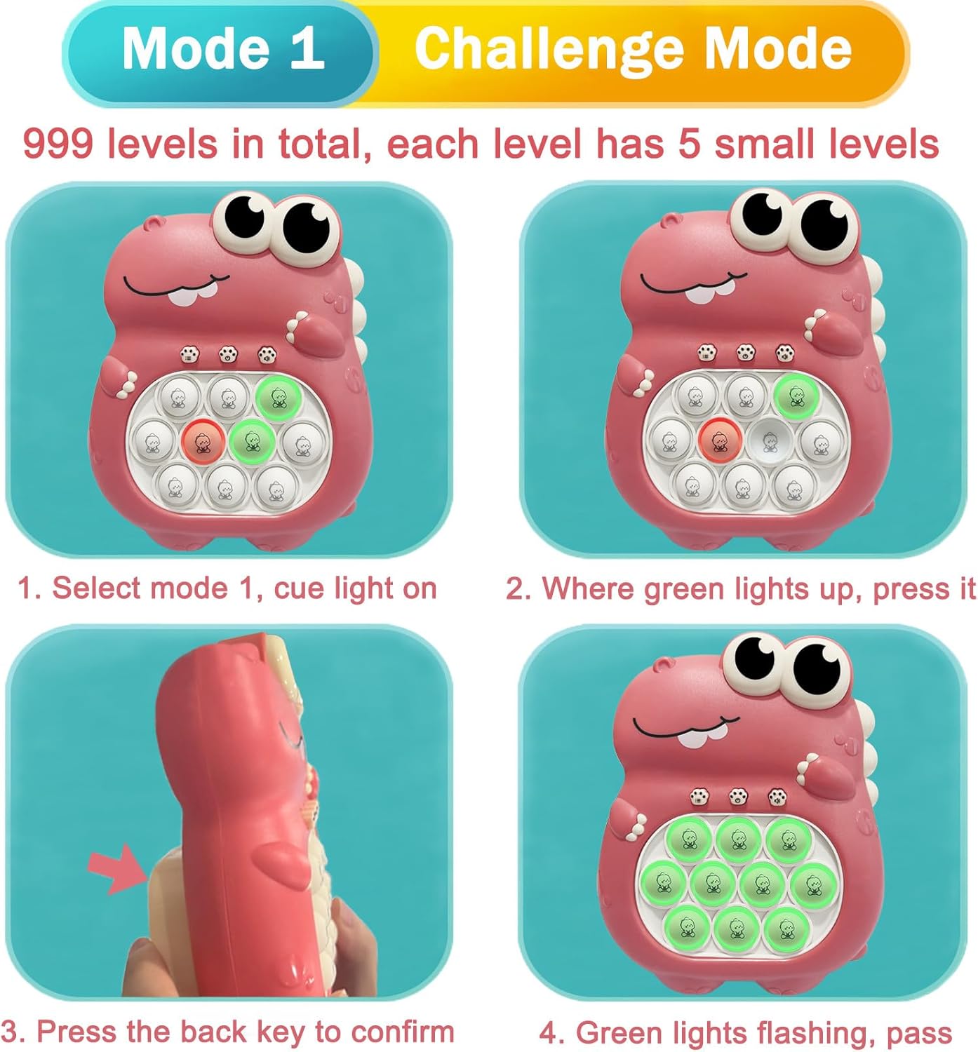 Pop Quick Push Game Light Up Fidget Toys Handheld Puzzle Press Popping Game Console for Kids Ages 3+ Adult Pink Dinosaur