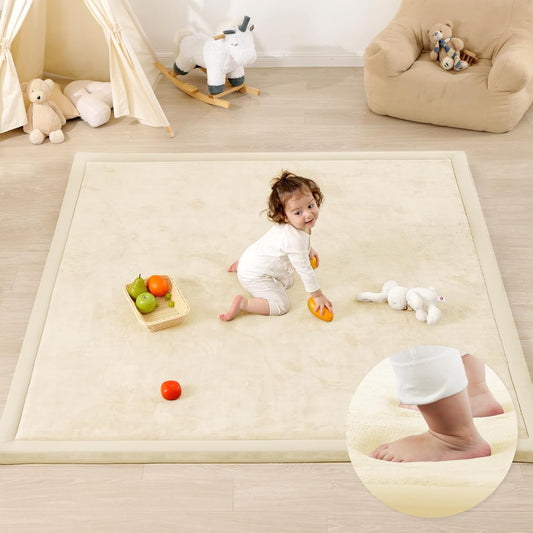 Ultra Soft Baby Play Mat,1.3" Thick Elasti-Foam Tummy Time Mat for Infants,Toddlers,Kids,Water-Repellent Coral Fleece Nursery Rug,Non-Slip Safe for Crawling&Hardwood Floors(Ivory)