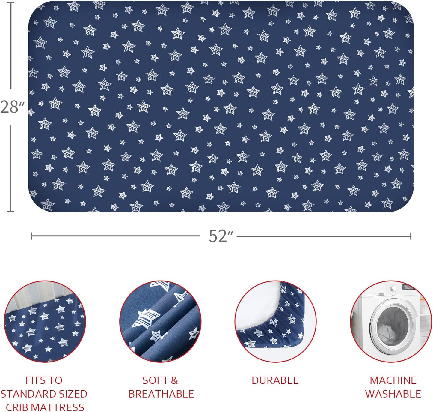 Crib Sheets for Boys or Girls 4 Pack, Fitted Crib Sheet for Standard Size Crib and Toddler Mattresses, Soft and Breathable Material, Navy