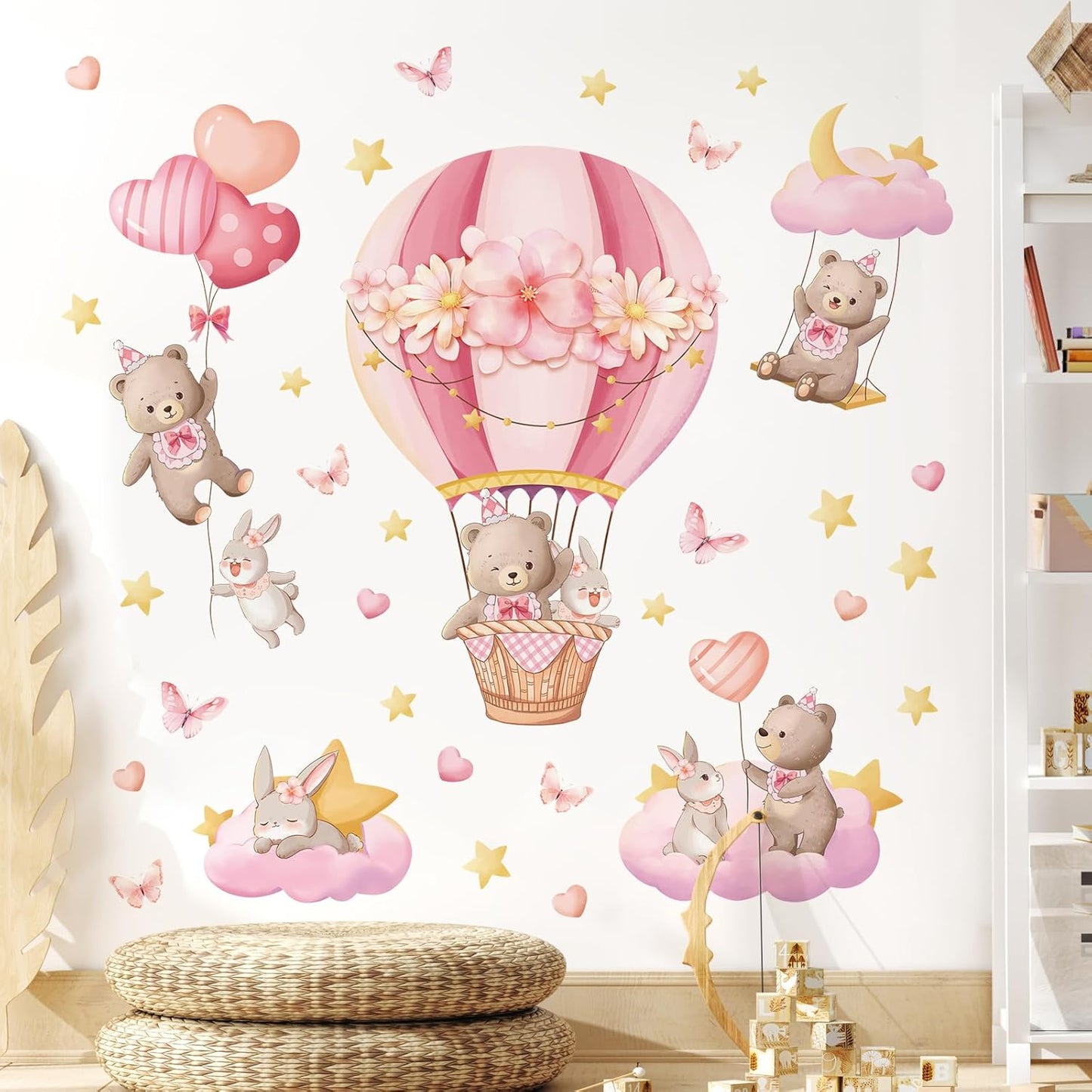 Tanlaby Pink Hot Air Balloon Wall Stickers Cartoon Bear Rabbit Stars Heart Wall Decals Peel and Stick Art Decor for Girls Bedroom Baby Nursery Kids Playroom Classroom