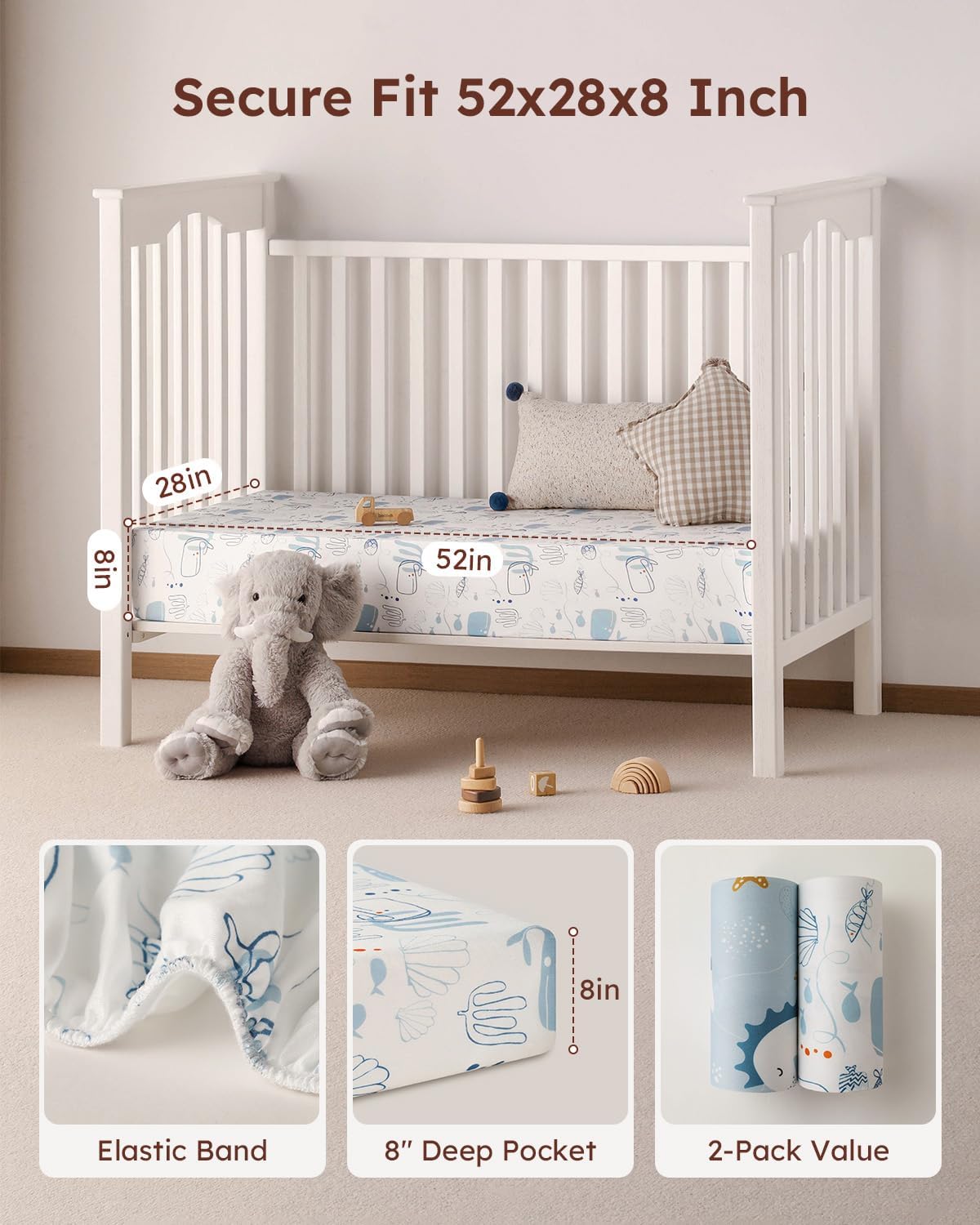 Yoofoss Baby Crib Sheets 2 Pack for Boys and Girls - 52x28 Fitted Crib Sheet Neutral Fits for Standard Crib and Toddler Mattress, Ultra Soft Breathable Microfiber Underwater World