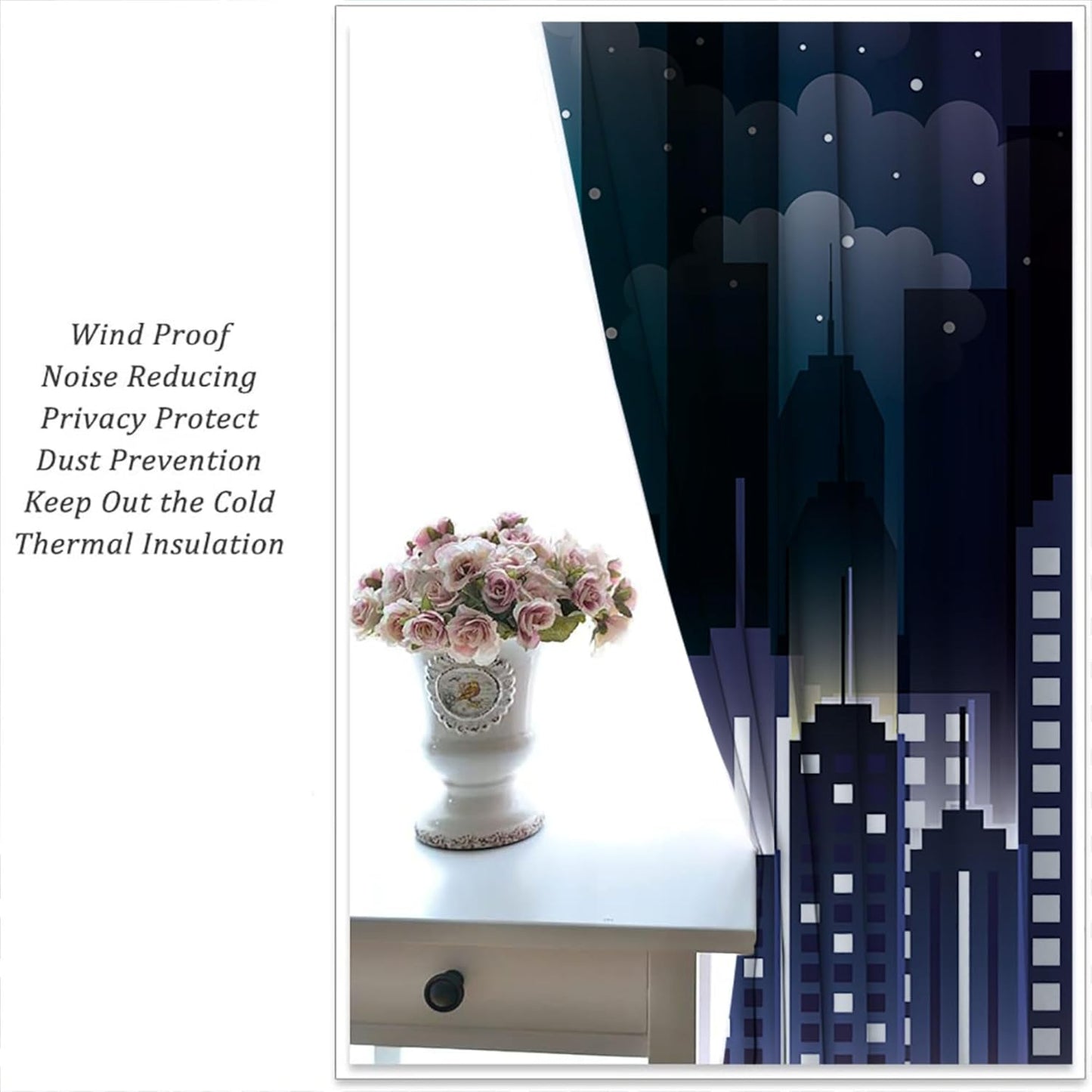 Superhero Rod Pocket Blackout Curtains for Boy Girl Bedroom, Violet Night Sky Buildings Cityscape Thermal Insulated Home Window Drapes for Living Room Darkening, 42x45 inch