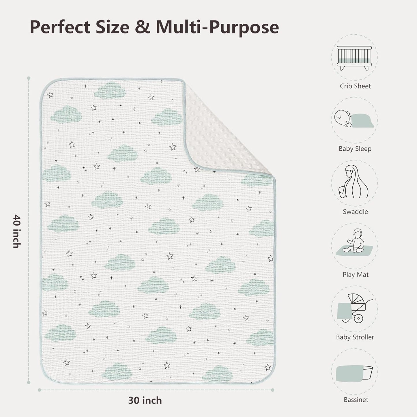 Susurration Baby Blanket for Unisex Boys Girls, Soft Nursery Minky Blanket with Muslin Cotton Front and Dotted Fleece Back, Receiving Blanket for Baby Newborn Infant, 30x40inch (Cloud)