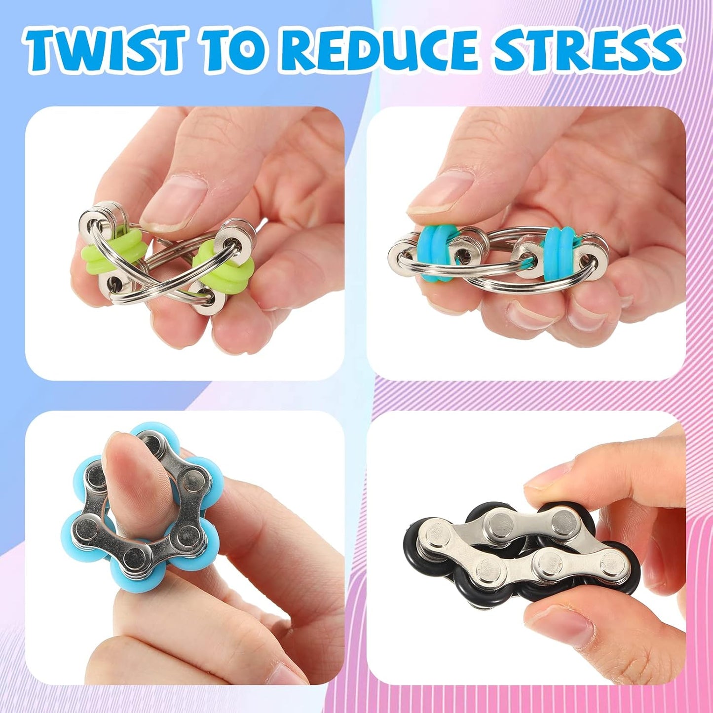 CHENGU 16 Pcs Fidget Toys Set Include 8 Six Roller Chain and 8 Key Flippy Chain Stress Reducer Bike Chain Toys Anxiety Relief Bike Chain for Teens Adults ADHD, Add, Autism (Cute)