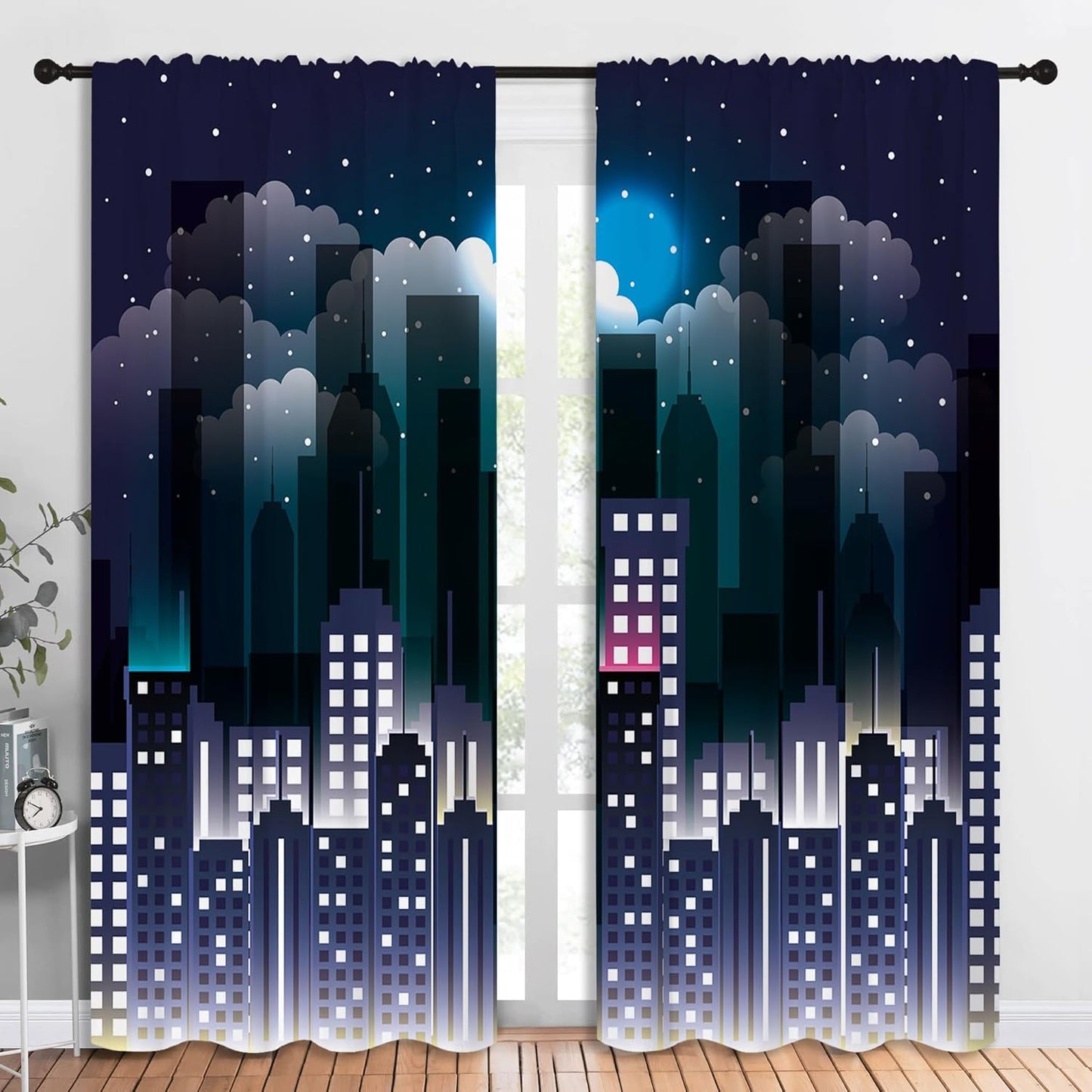 Superhero Rod Pocket Blackout Curtains for Boy Girl Bedroom, Violet Night Sky Buildings Cityscape Thermal Insulated Home Window Drapes for Living Room Darkening, 84x72 inch