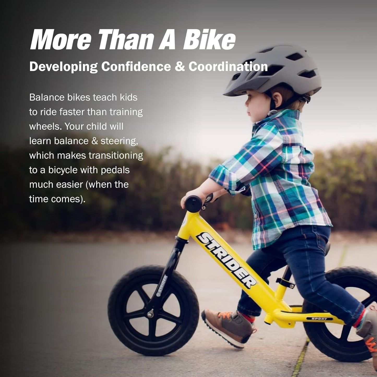 Strider 12” Sport Bike - No Pedal Balance Bicycle for Kids 1 to 4 Years - Includes Safety Pad, Padded Seat, Mini Grips & Flat-Free Tires - Tool-Free Assembly & Adjustments