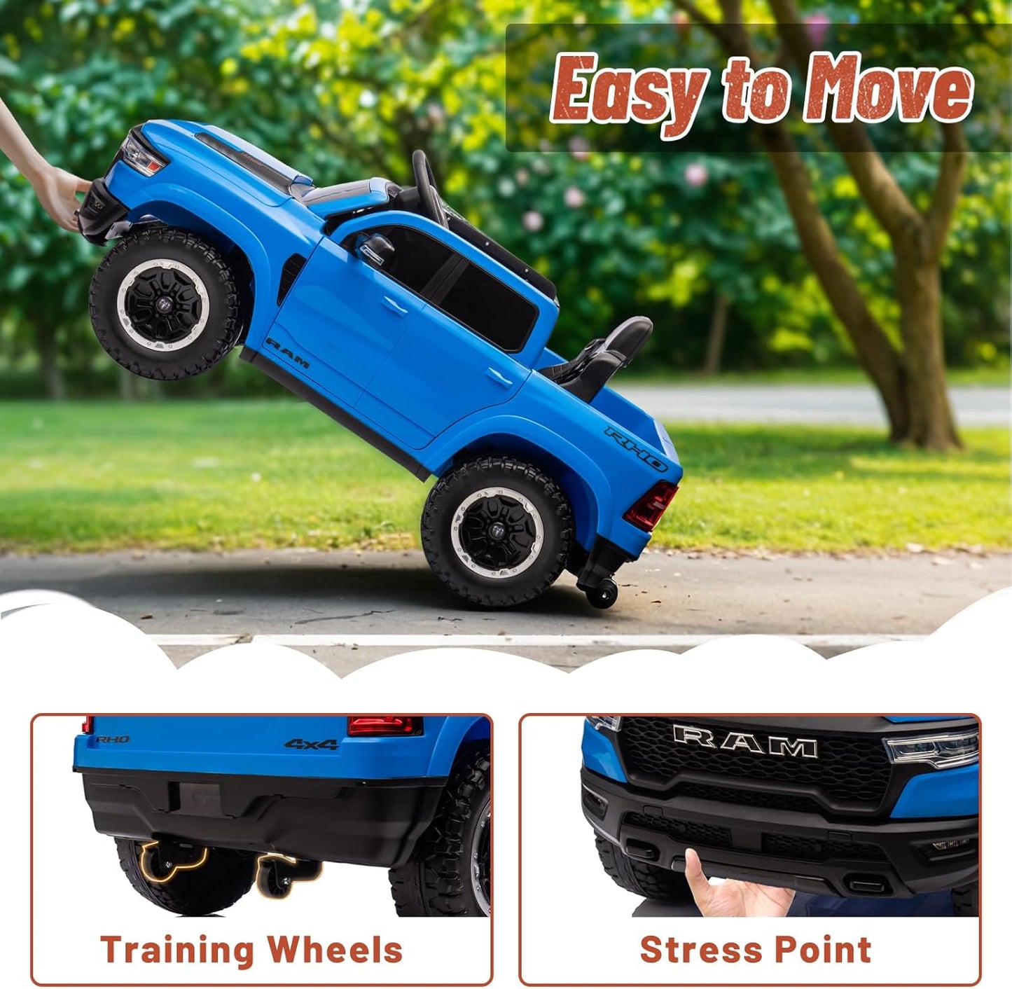 Licensed Ram 1500 Ride on Toys for Kids 4-8, Ride-on Electric Car for Kids with Remote Control, Battery Powered with Car Key/Gear Selector, LED Light/Music/MP3, Back Storage (Blue)