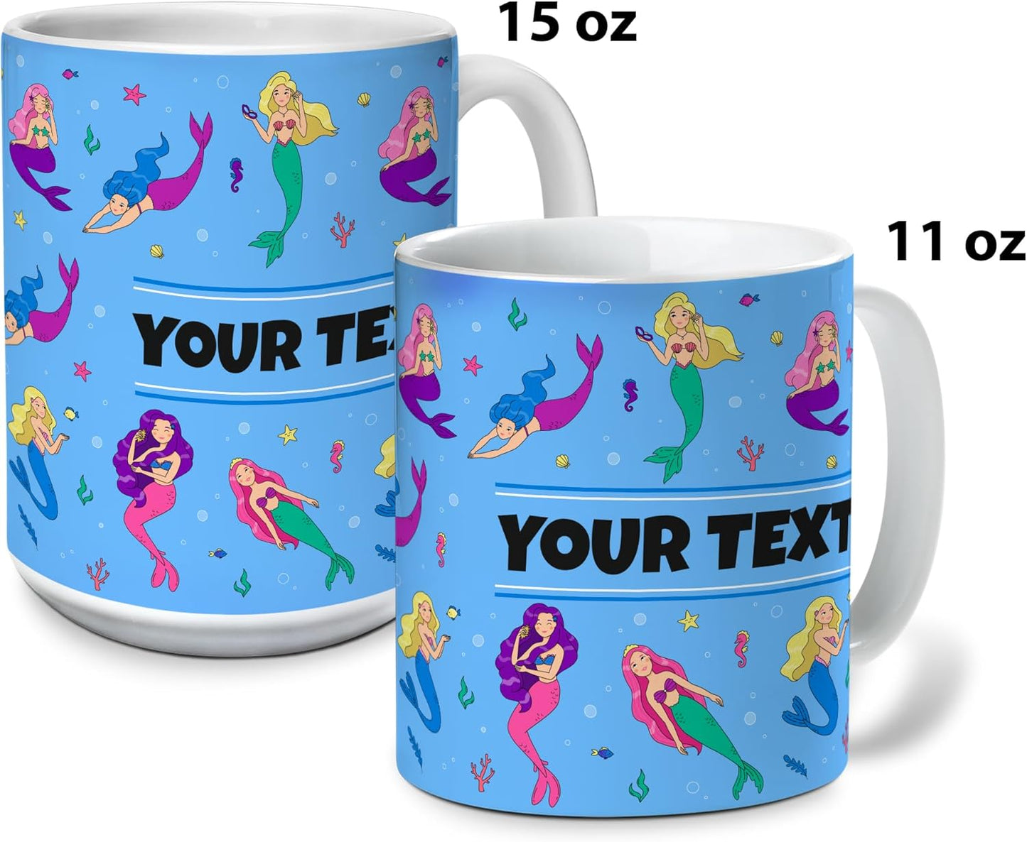 Personalized Mug for Kids - Mermaids - Custom Name/Text, Ceramic Hot Chocolate/Cocoa/Coffee Cup for Girls, Birthday/Christmas/Holiday Gift - 15 oz, Pink Handle